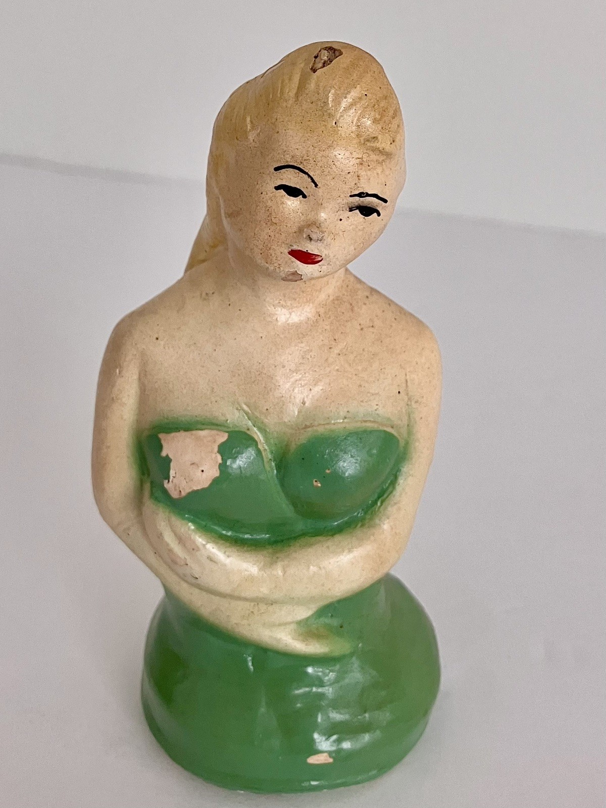 Vintage 40’s Chalkware Pin Up Bathing Beauty Half Doll Pin Cushion Figurine! 4”