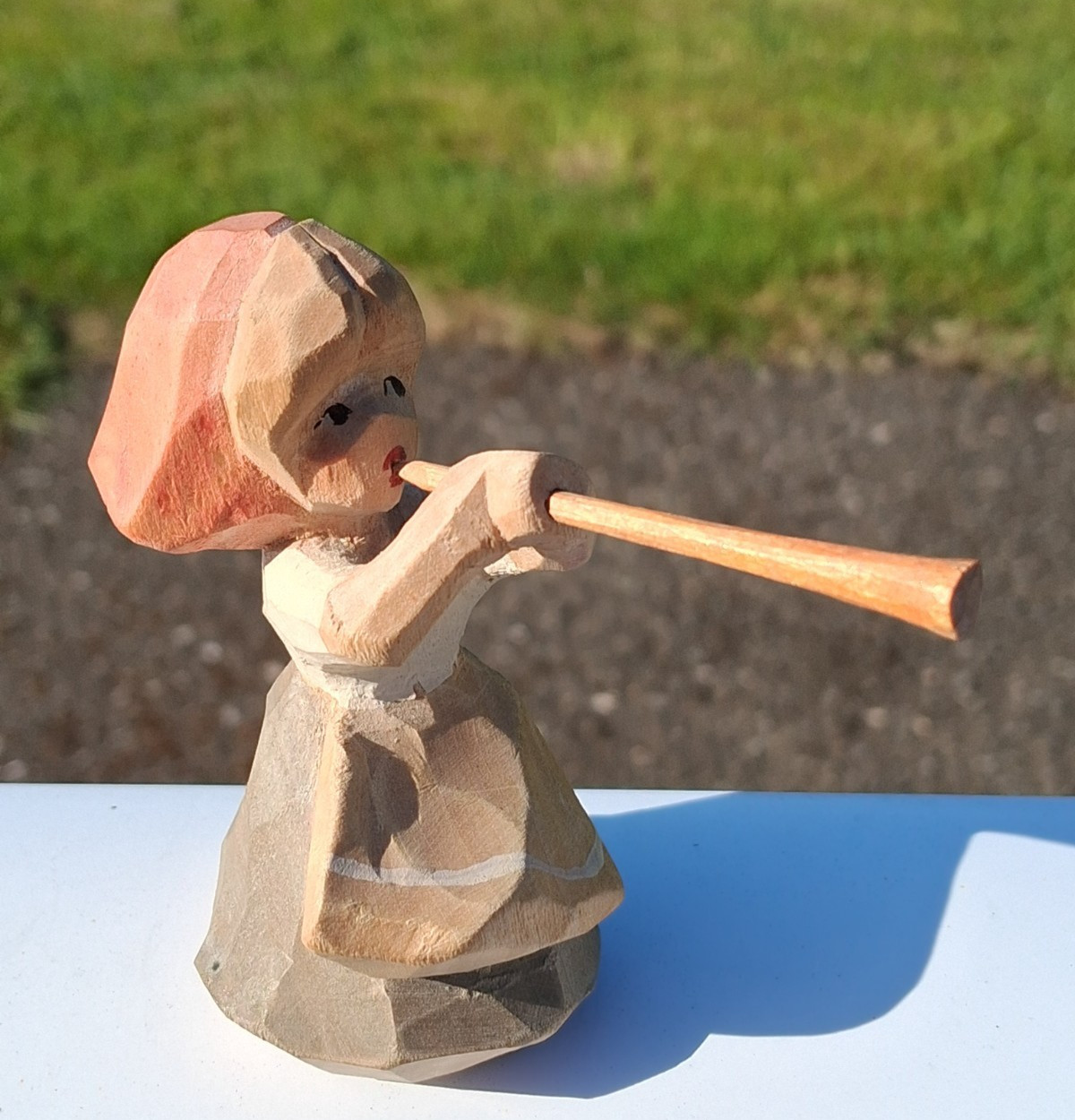 Vintage Henning Wood Carving Hand / Painted Norway Girl w/ Horn In Dress 3″
