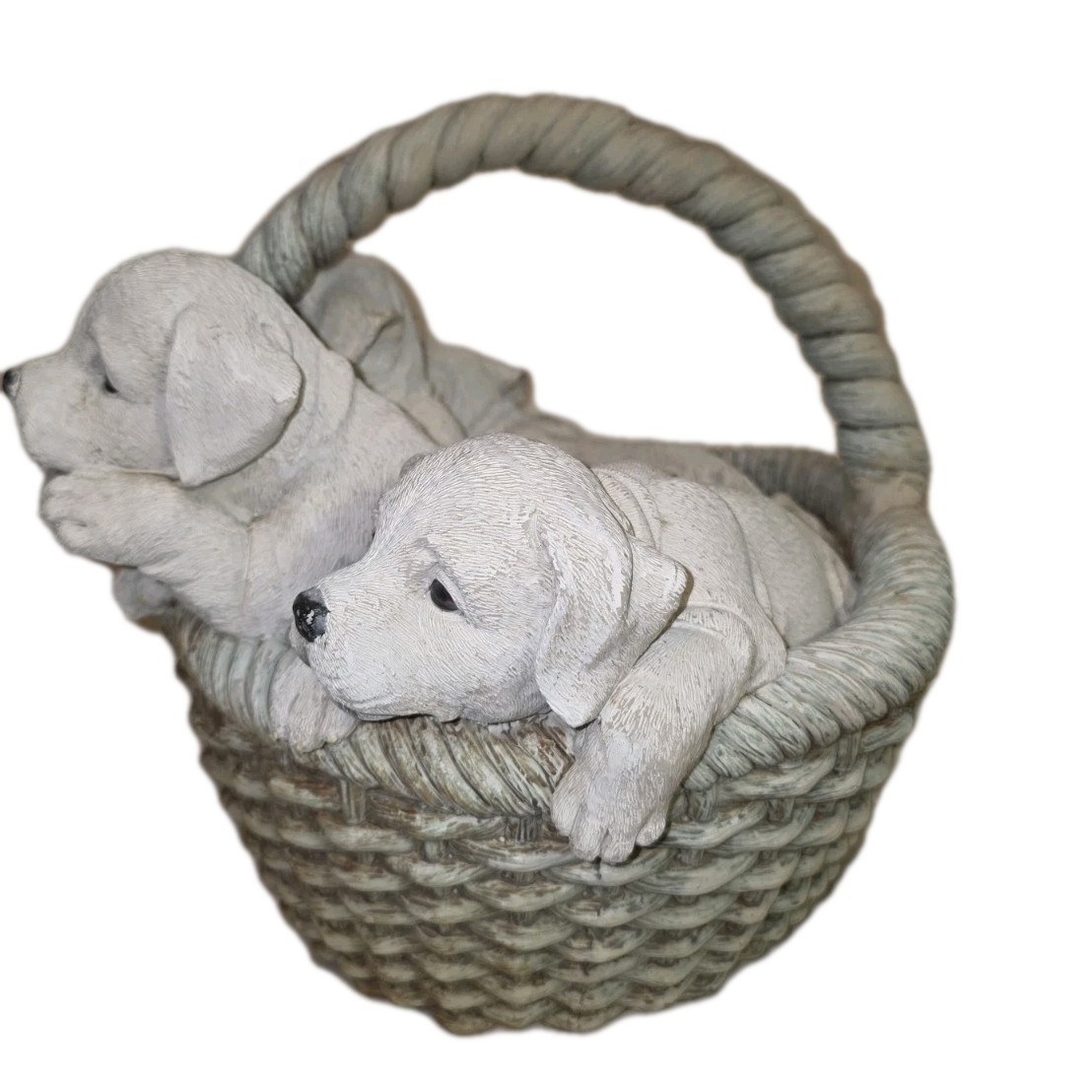 Puppies in Wicker Basket Figurine • Resin Puppy Decor • Life Size Farmhouse