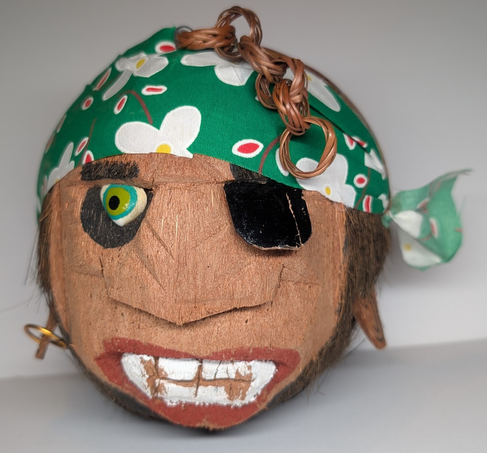 *made in the Philippines* Pirate head handmade carved coconut w/ green bandana