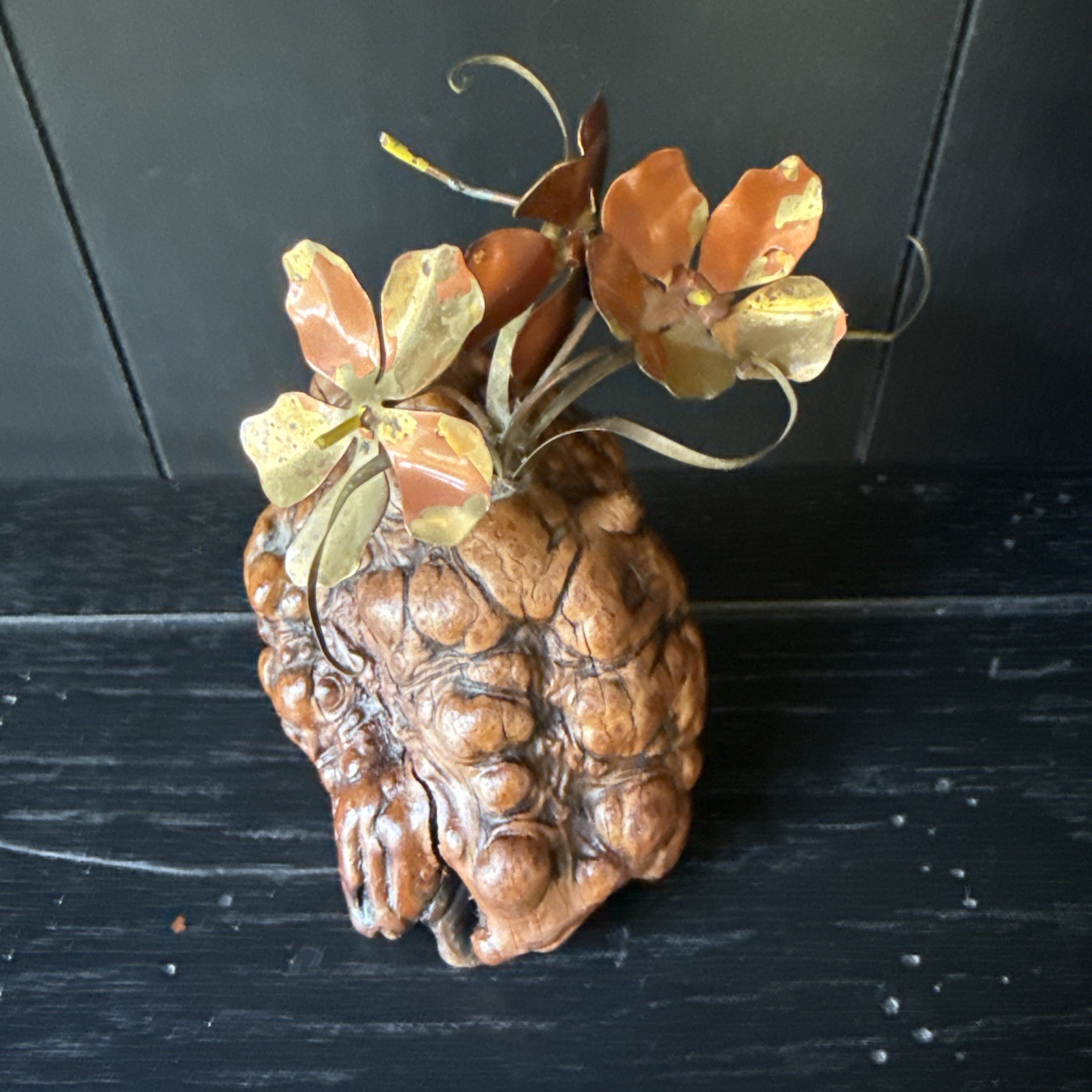 MCM Decor Brass Sculpture Of 3 Flowers on Burl Wood Base 3.5”x5” Display