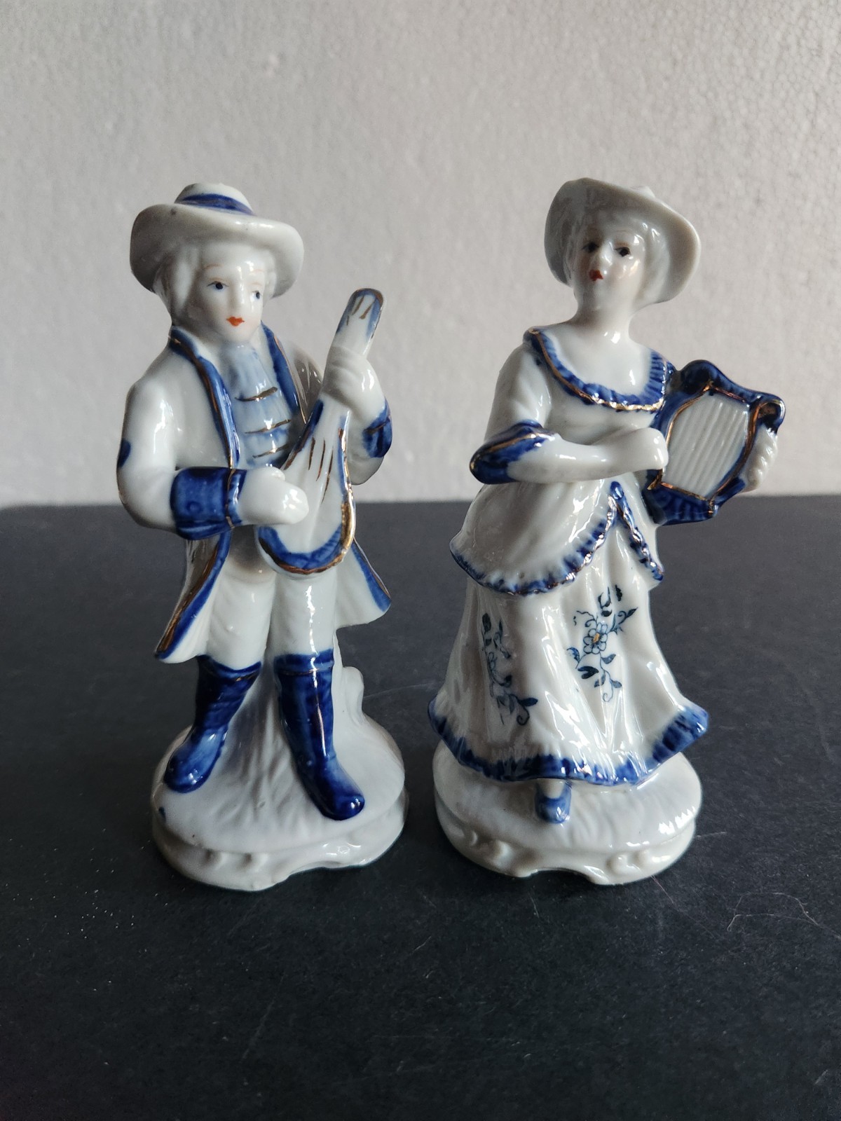 Vintage Blue & White Porcelain Colonial Musical Couple Figures Gold Trim