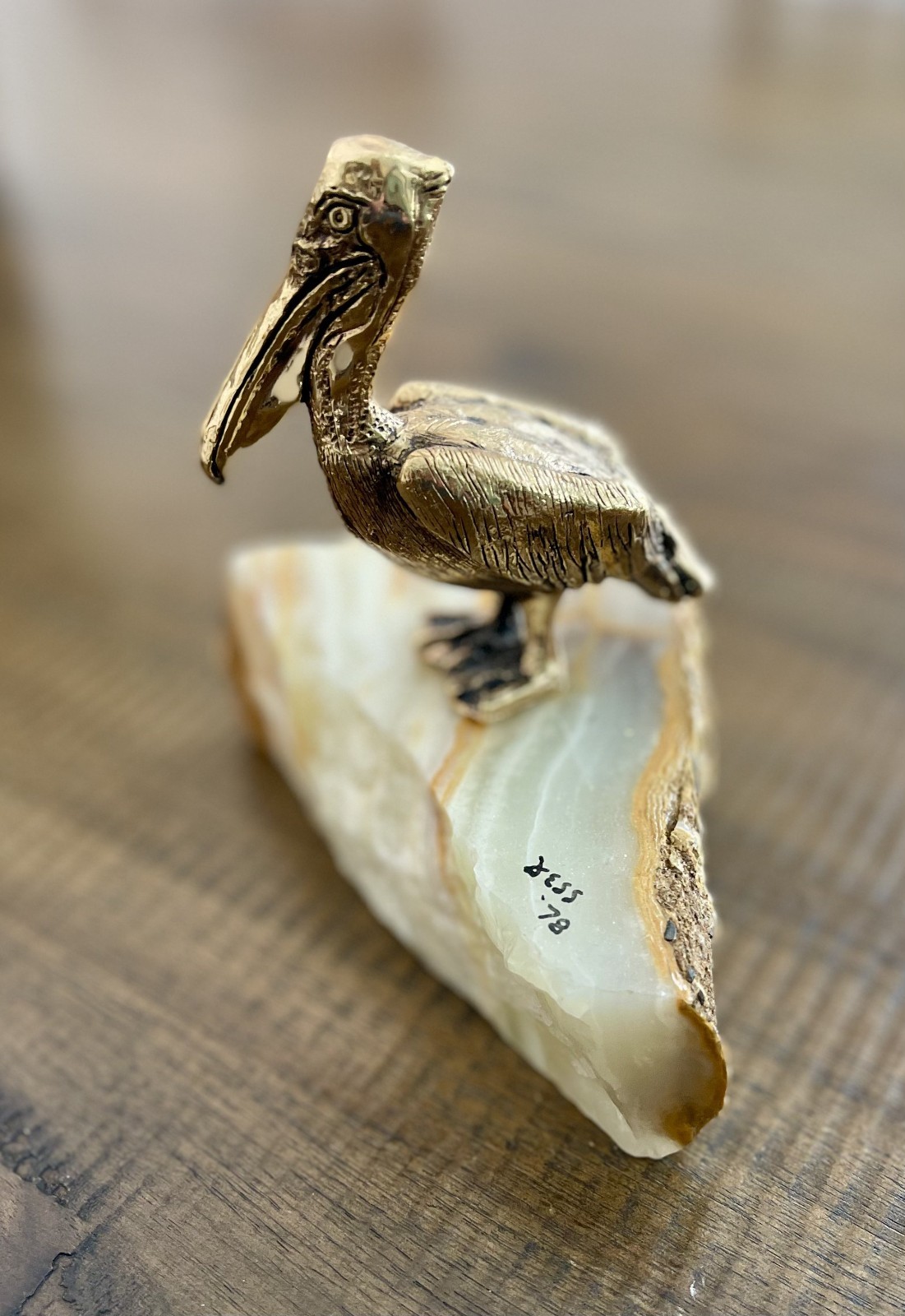 Jess Nelson 24K Gold Plated Pewter Pelican on Onyx Base Sculpture Signed 1978