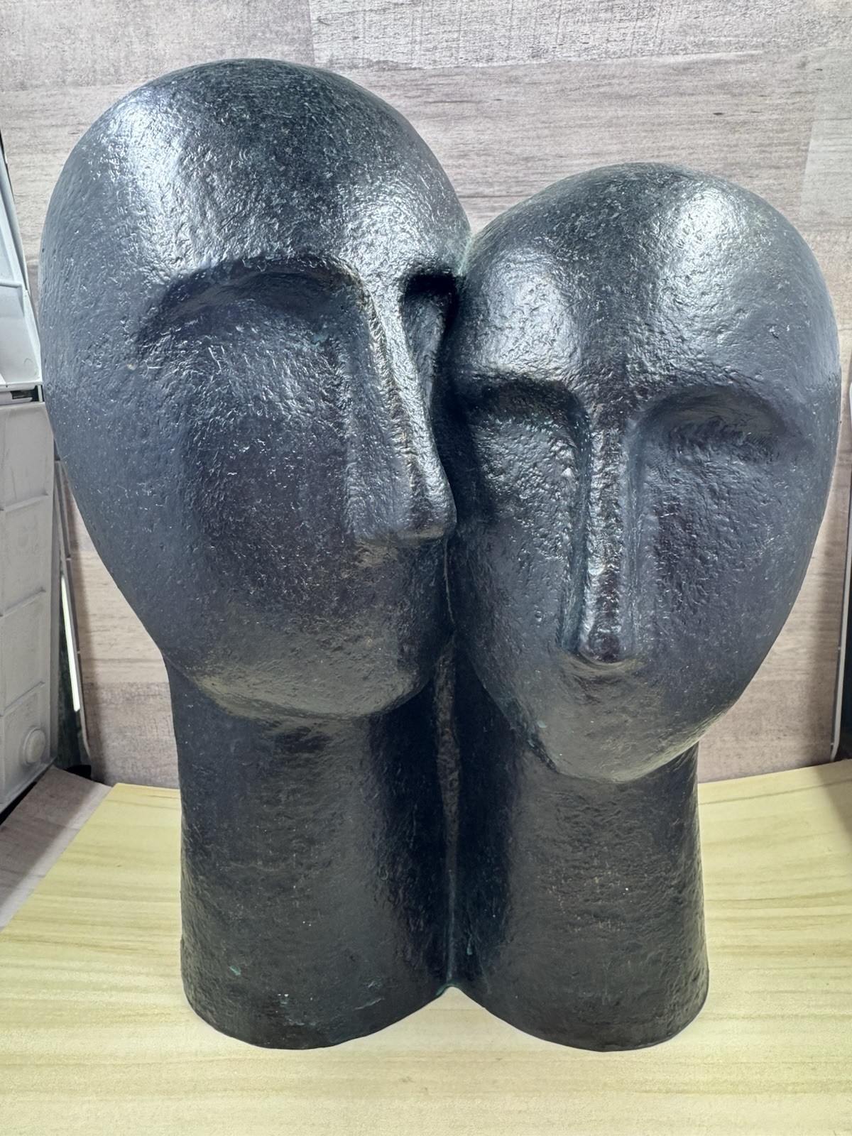Contemporary Two Heads Resin 11” Sculpture Black Blue Patina