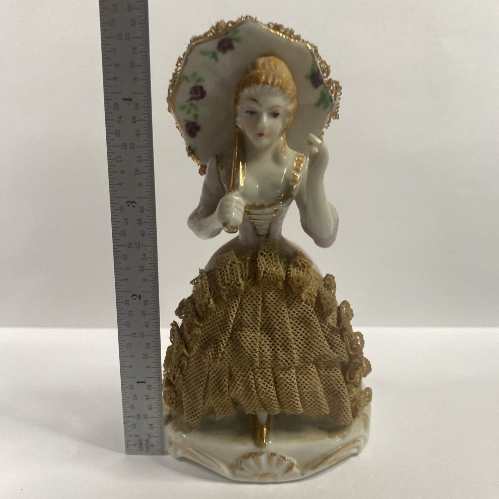 Vintage Lace Victorian Lady Women Umbrella Porcelain Figure Figurine 4.5 inch