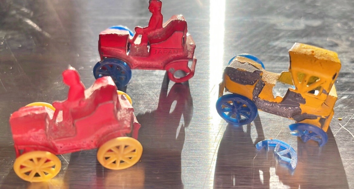 3 Miniatures Antique Metal Toy Cars With Plastic Wheels Lot For Shadow Box