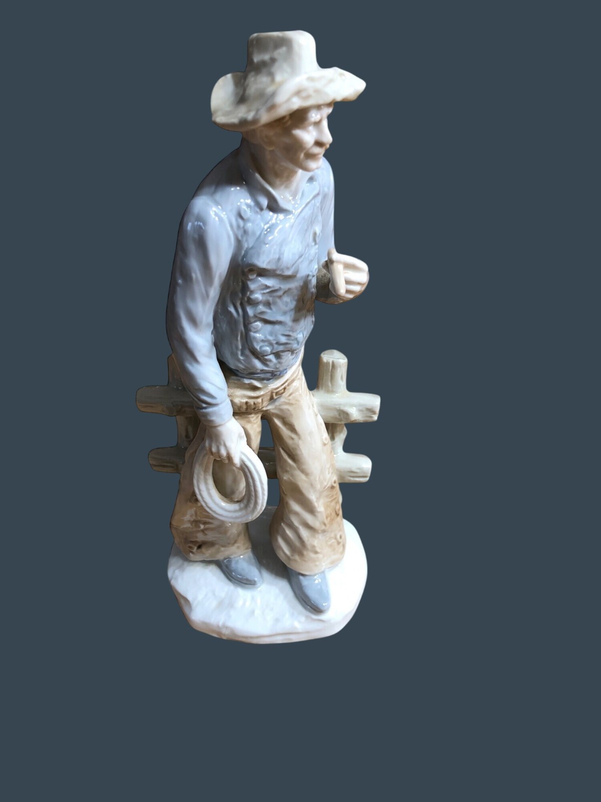 Porcelain Figurine Cowboy Sculpture Hat Cigar Rope Japan Western Rodeo Blue