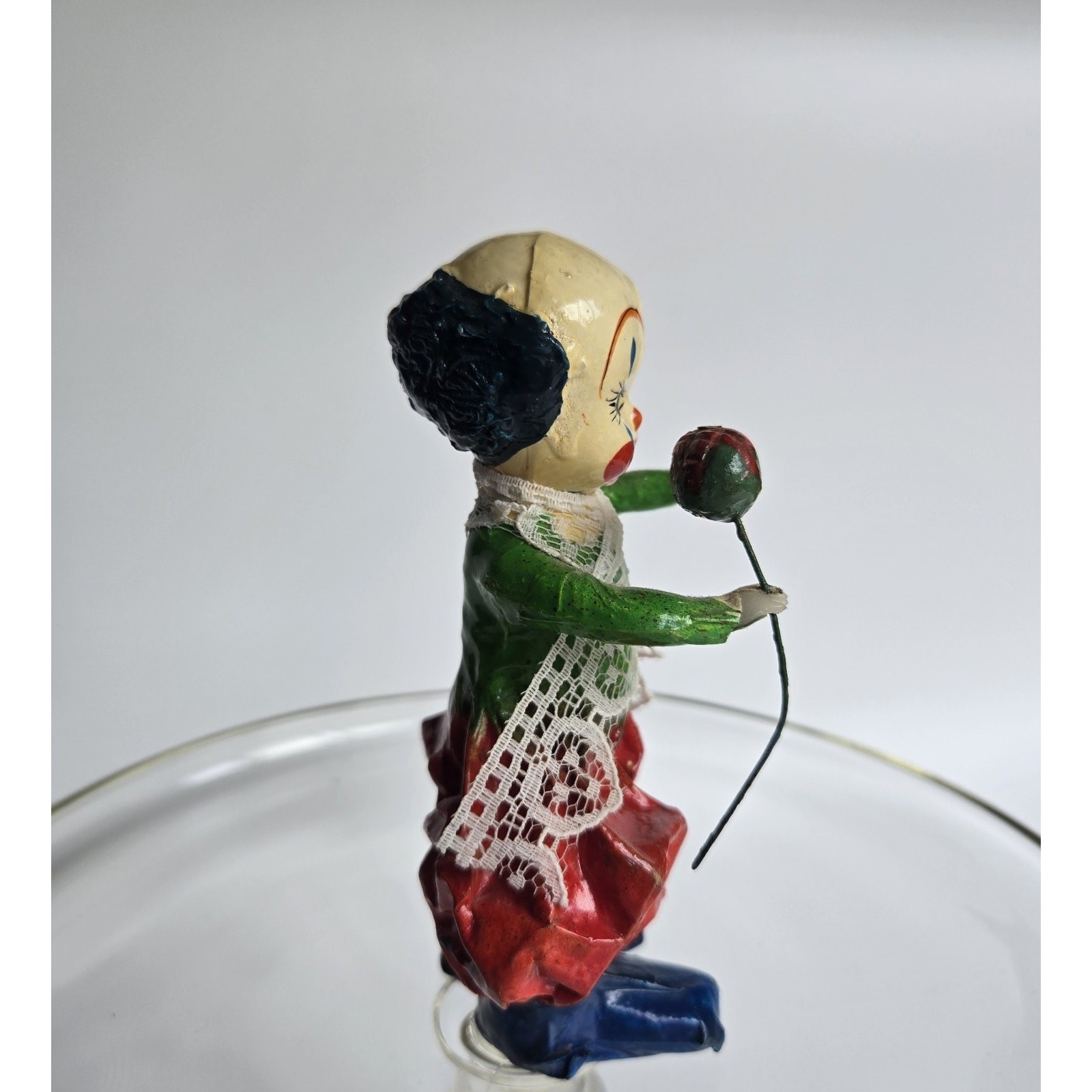 Vintage Paper Mache Clown With Balloon, With Lace Collar 5 1/2 in Vintage