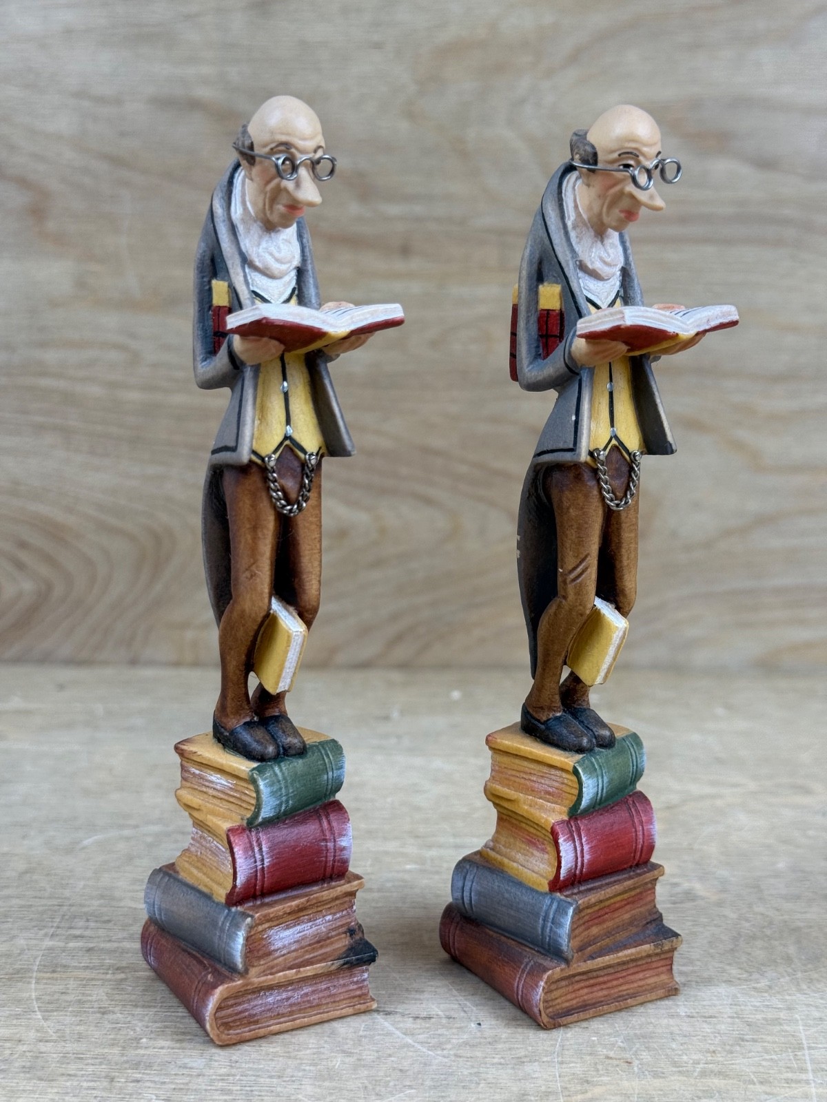 Pair Original Lepi Woodcarving Reader Sculpture Book Man Prinoth Leo Italy 6″