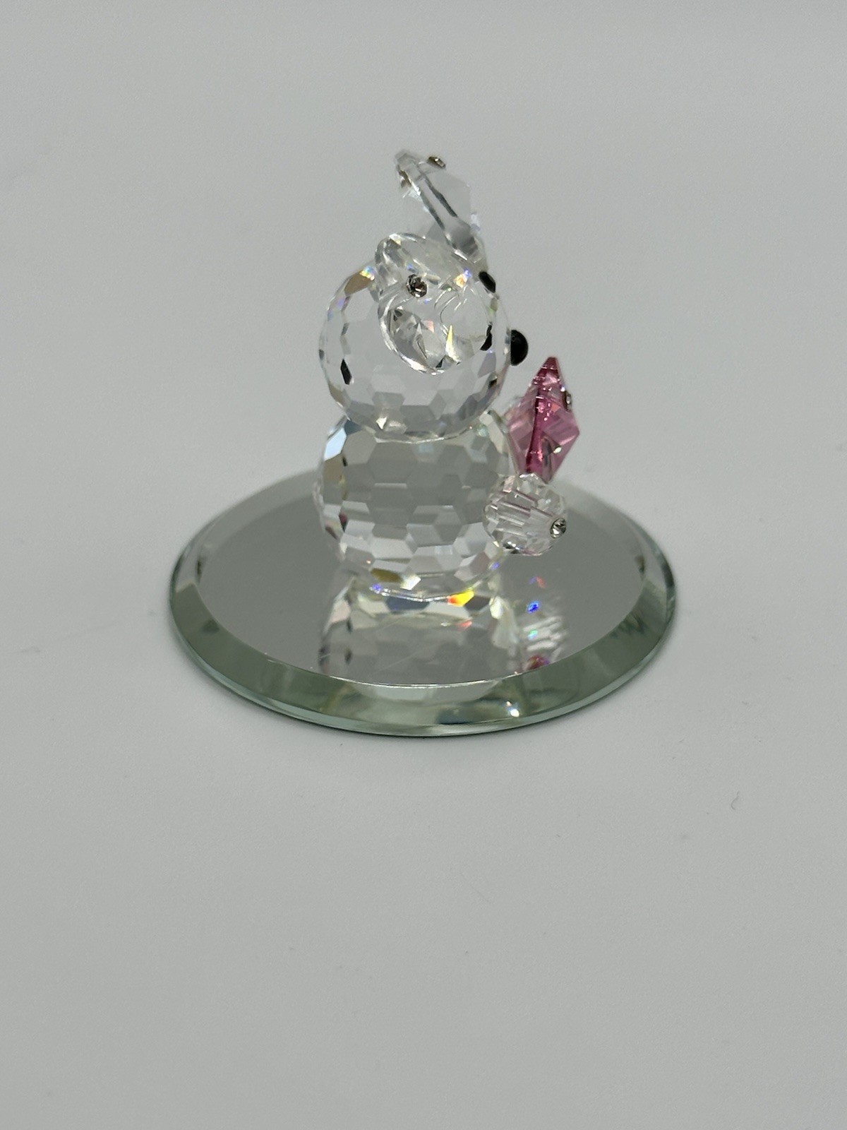 Clear Crystal Teddy Bear With Pink Heart Figurine On Round Beveled Mirrored Base