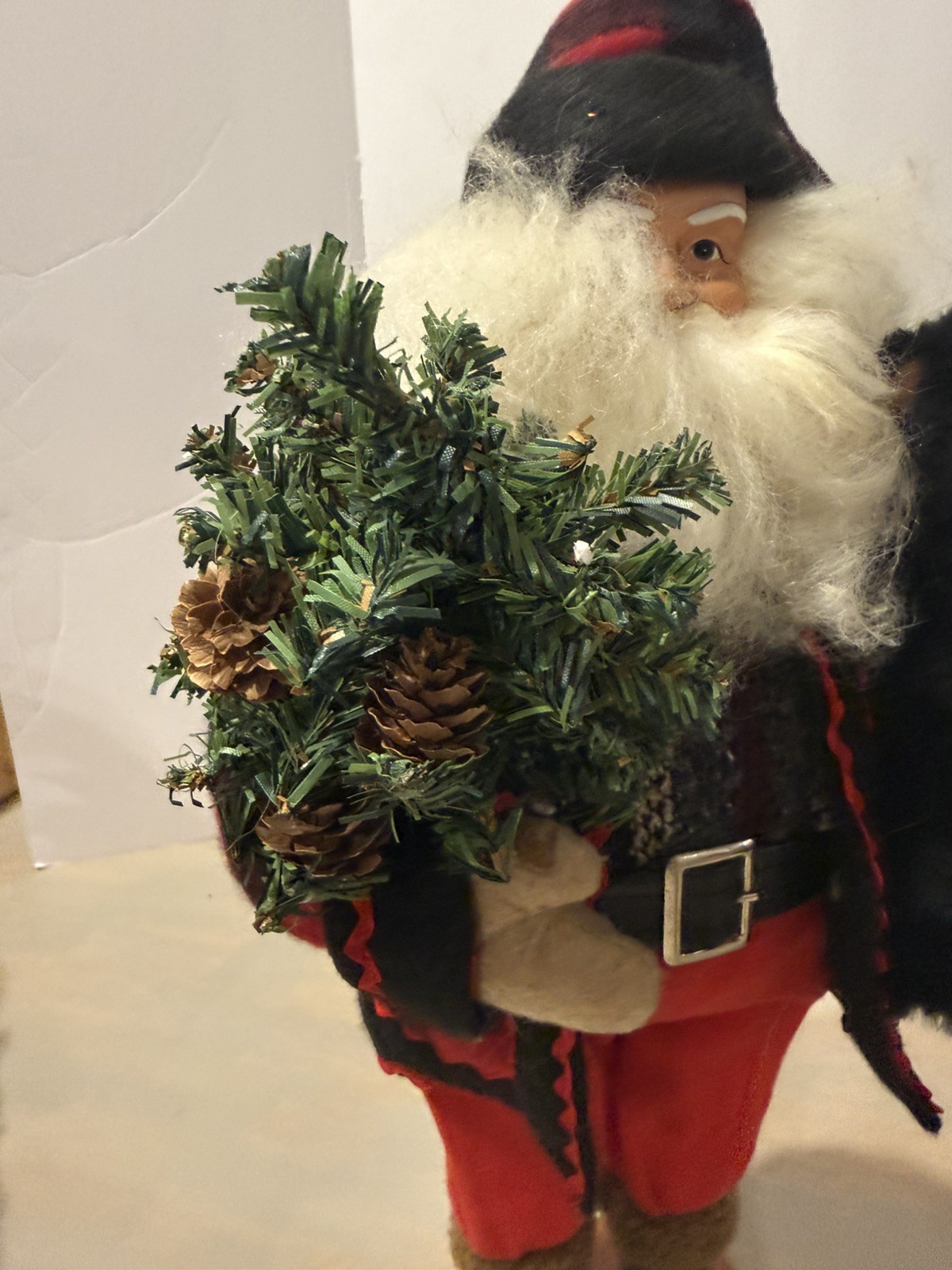 Vintage St Nicholas 18 Inches Tall, Holding a Bear And a tree buffalo plaid
