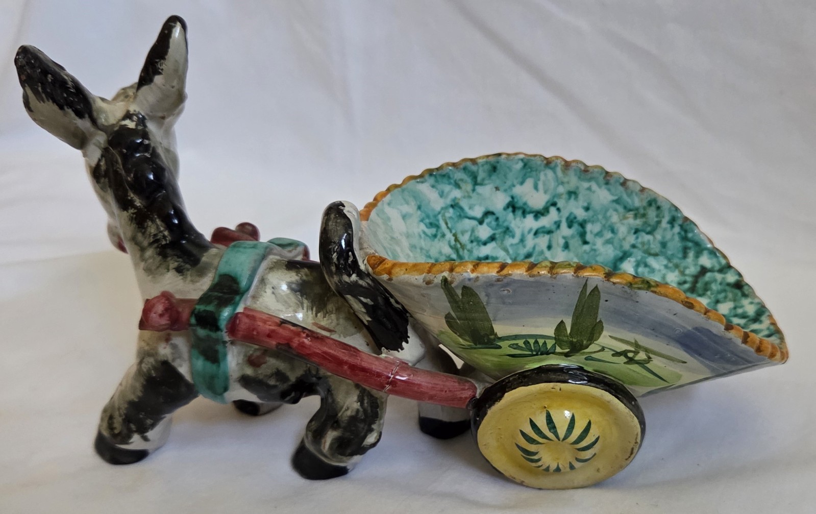 VINTAGE ITALIAN MADE CERAMIC DONKEY WITH CART TO HOLD ITEMS OF YOUR CHOICE.