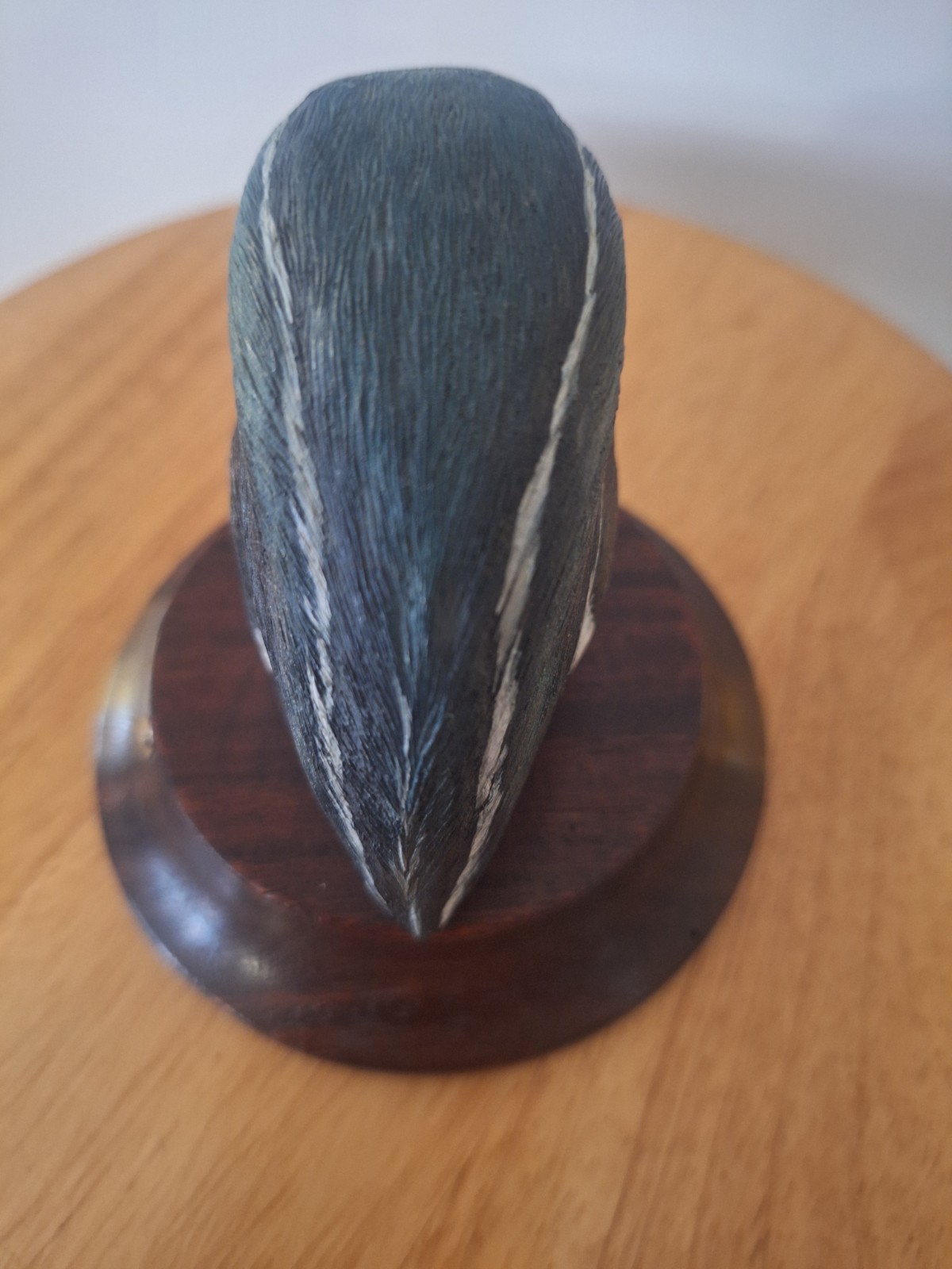 Hai Feng Ma hand carved and painted duck head bust on wooden base with signature