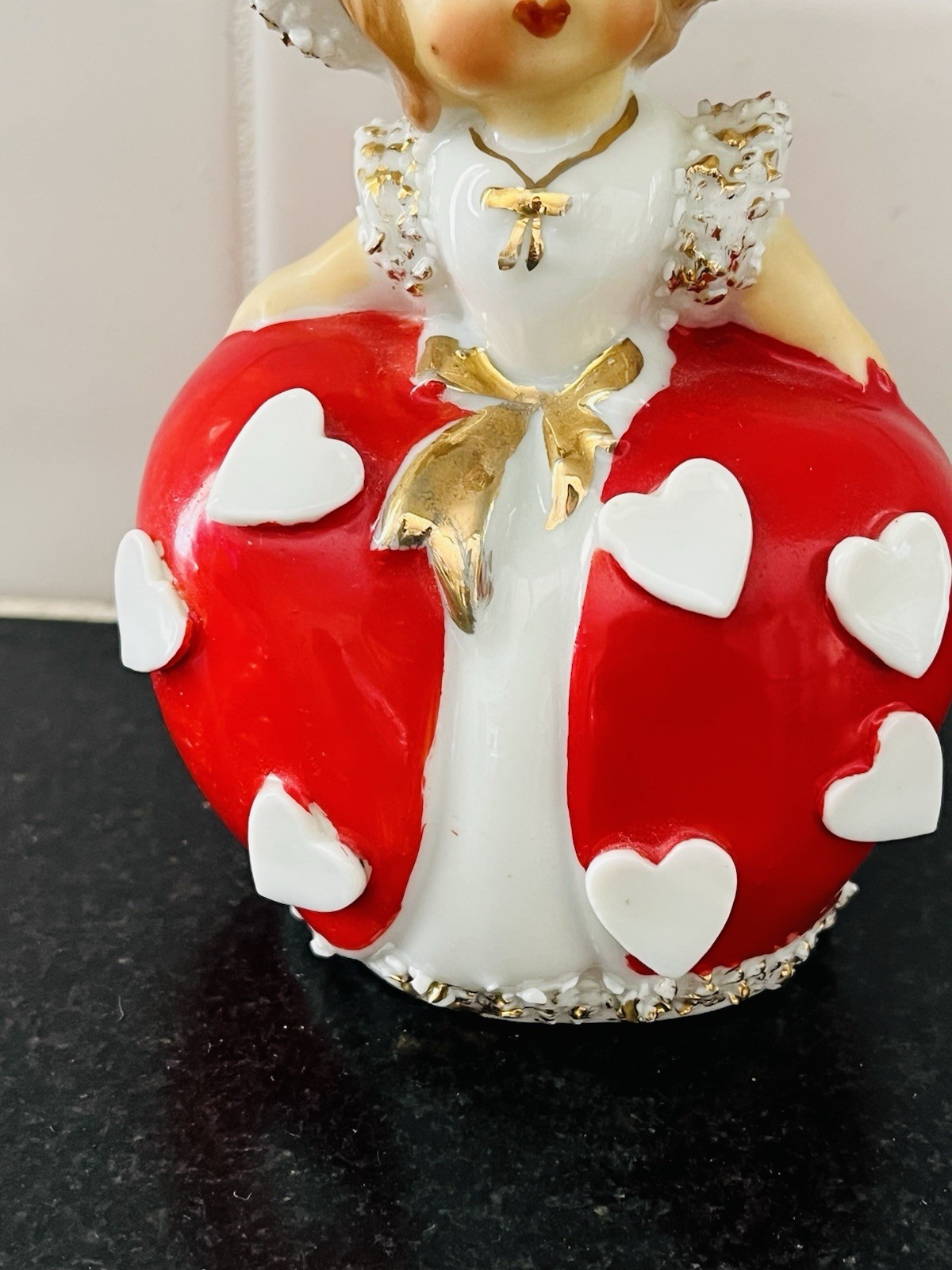 Vintage Lefton Valentine Ceramic Girl Bell Figurine Red Hearts Spaghetti Trim 4″