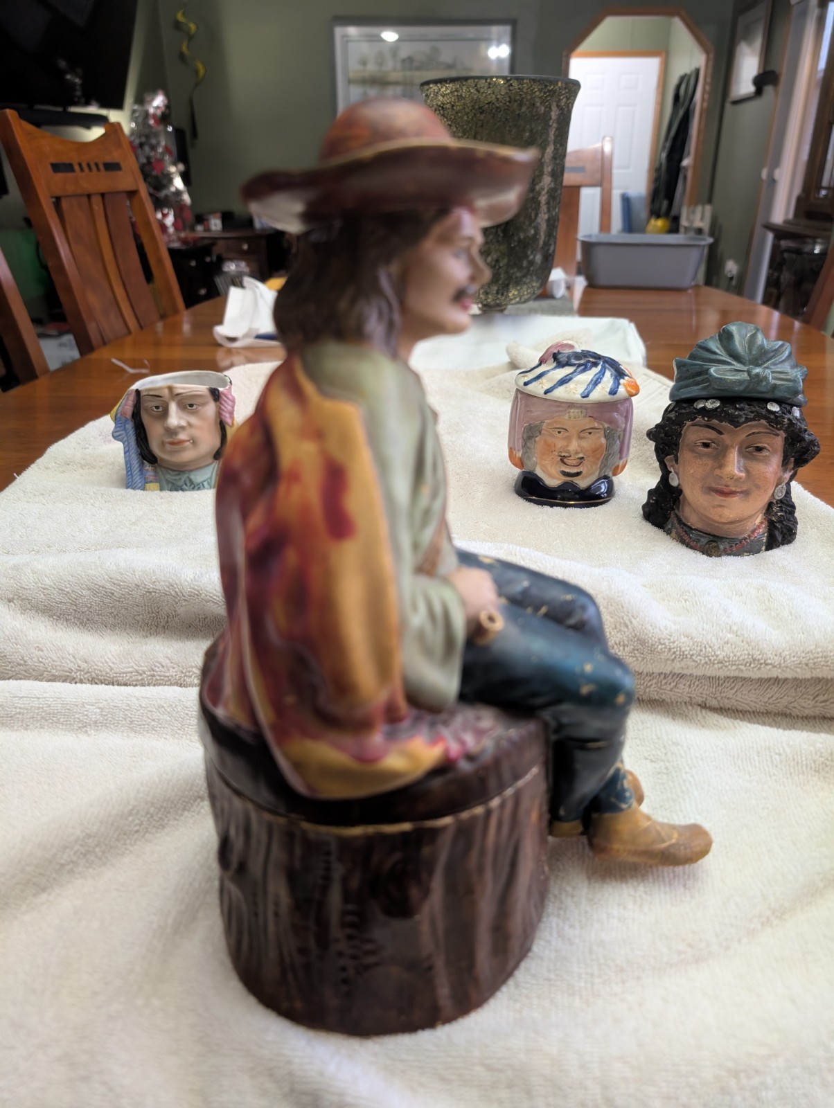 Hand Painted Tobacco jar, Large Multicolor Man Sitting on stump, 10.5 in Tall