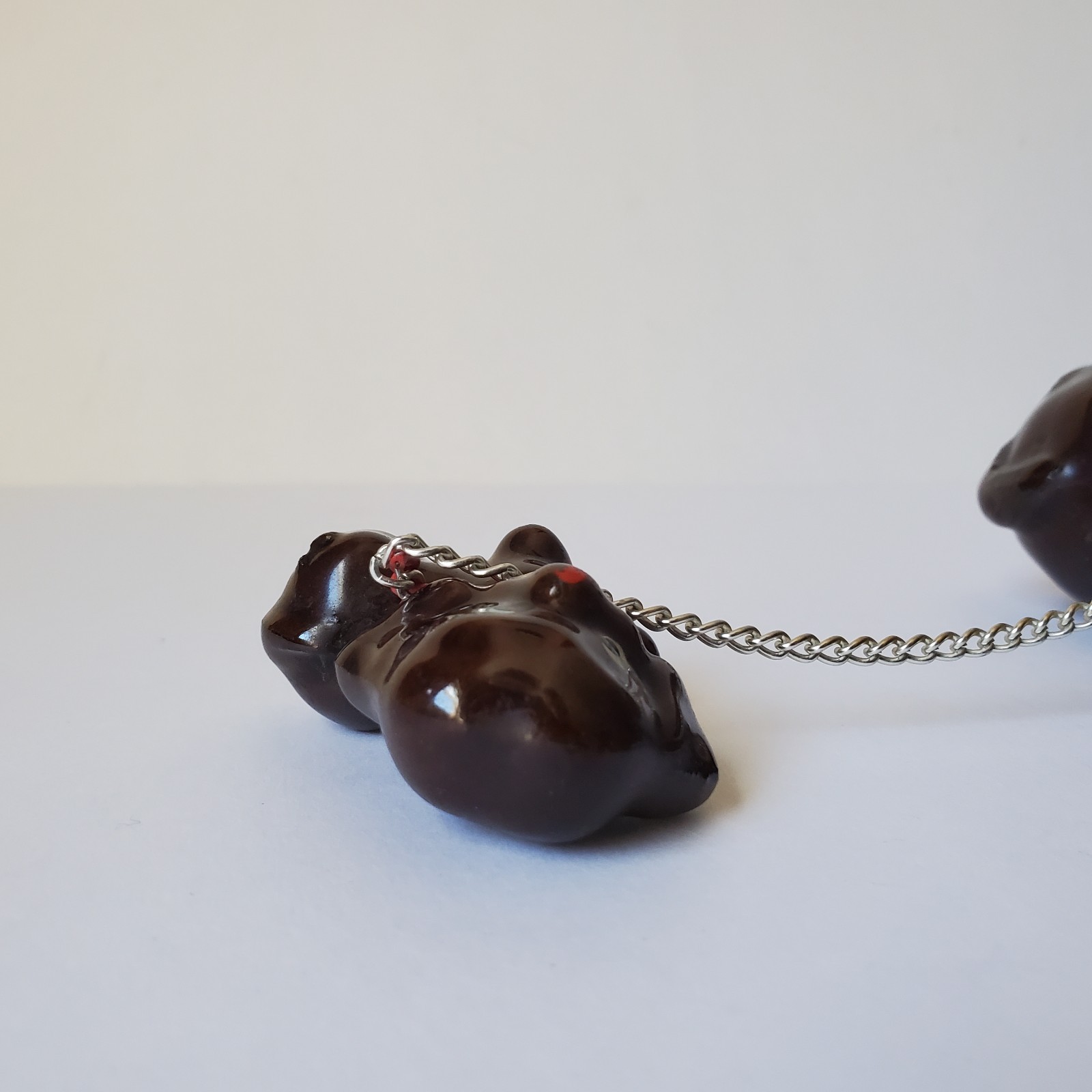 Redware Pottery Dog Mom With Puppy on Chain Hound Anthropomorphic Kitsch MCM Vtg