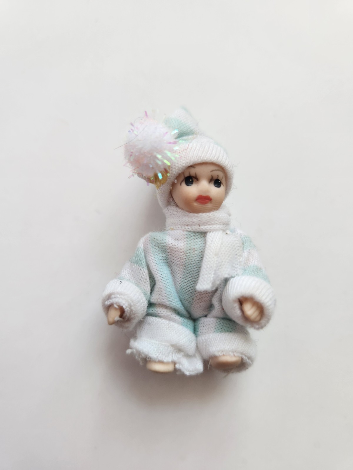 Miniature 2″ Porcelain Doll Jointed Legs in Snowsuit Snow Baby Winter