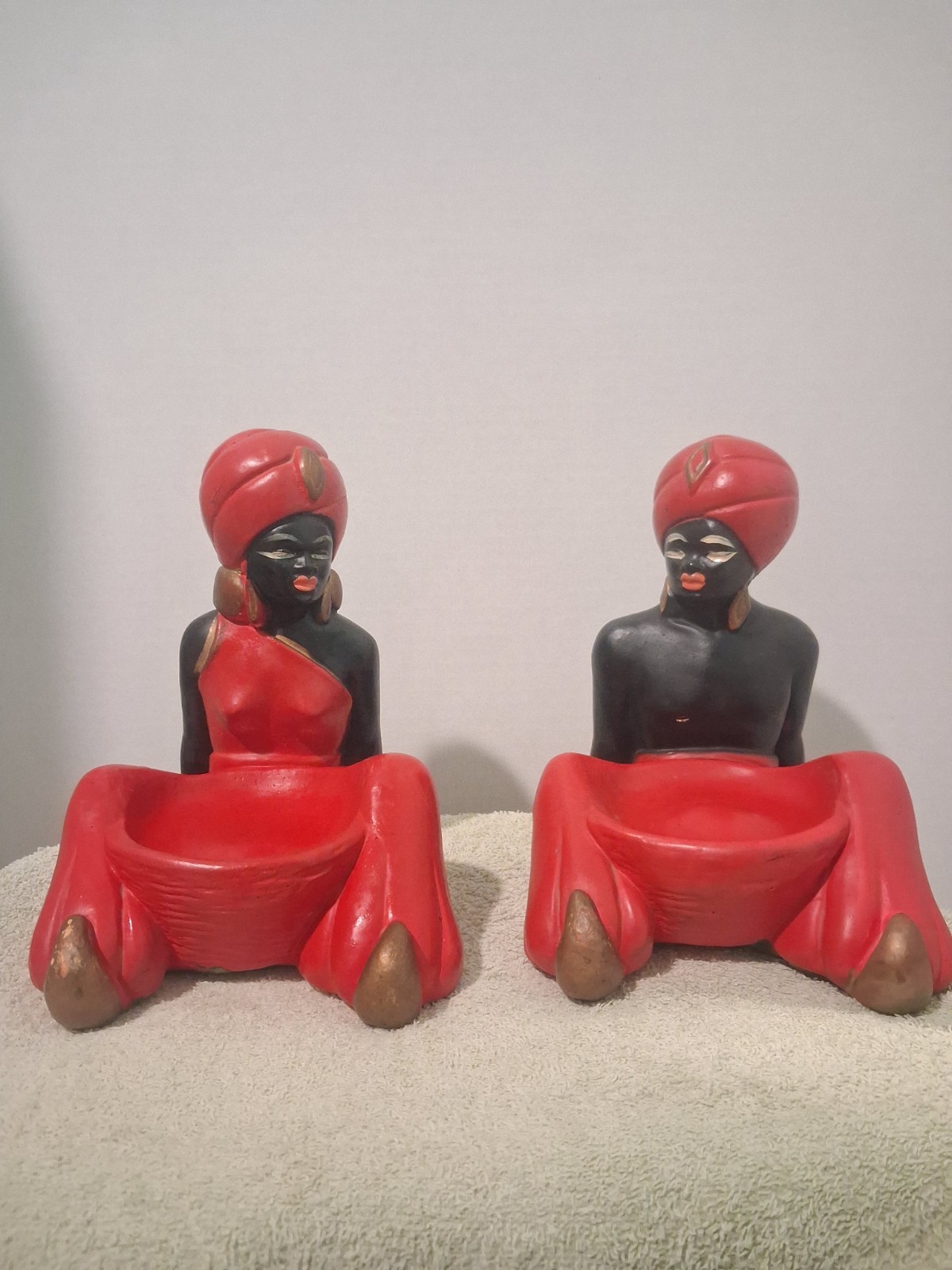 2 MidCentury Blackamoor Chalkware 1950 Nubian Djin-nii(Genies) Red 8″ Trinket