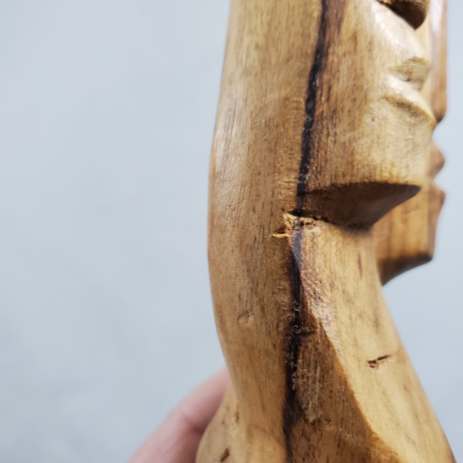 Hand Carved Wood Dual Long Faces Statue Fiji? Young Lovers Tiki Vintage Grain
