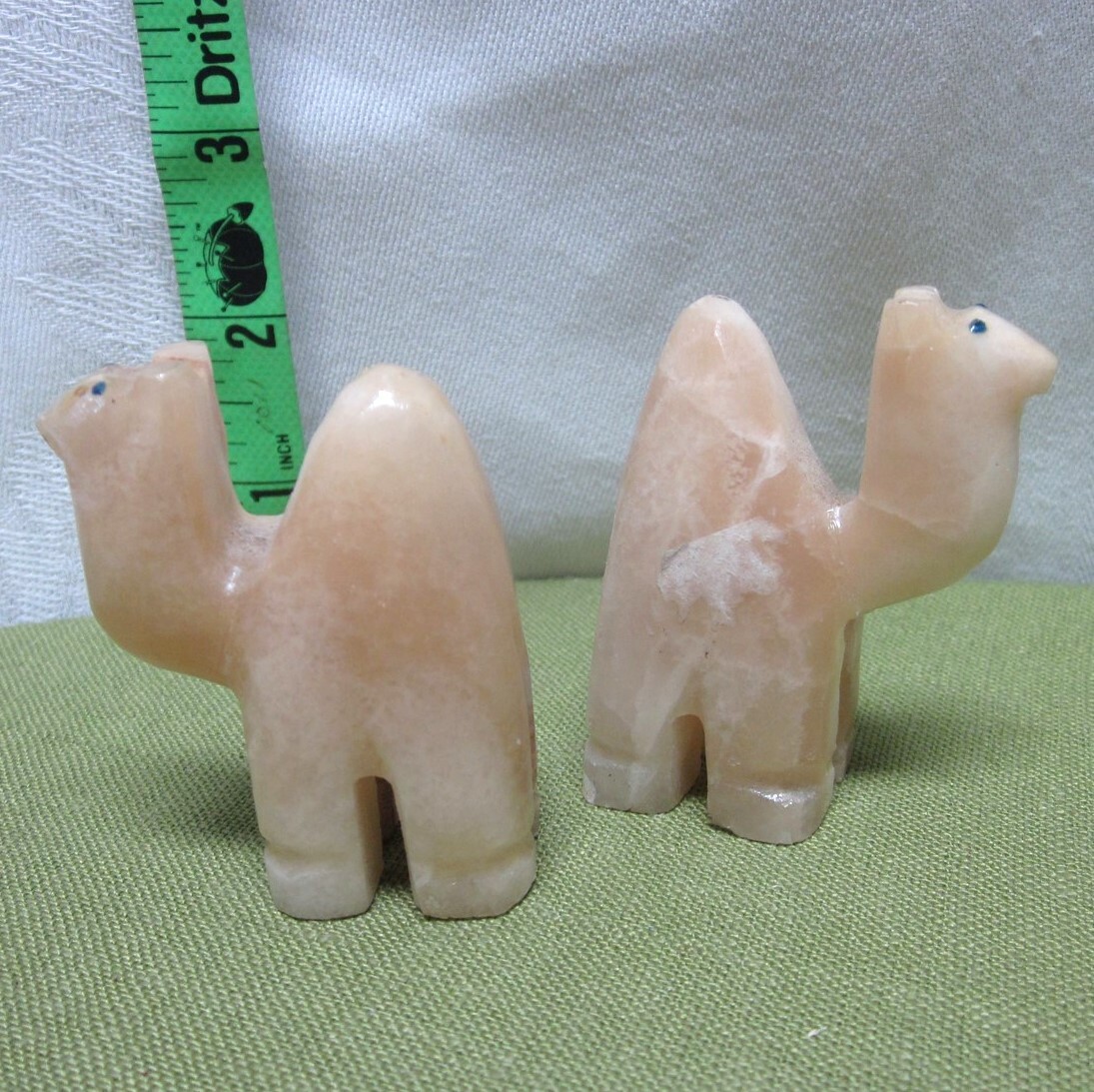 TWO CAMELS carved & polished calcite figures 1980s rustic etched stone onyx