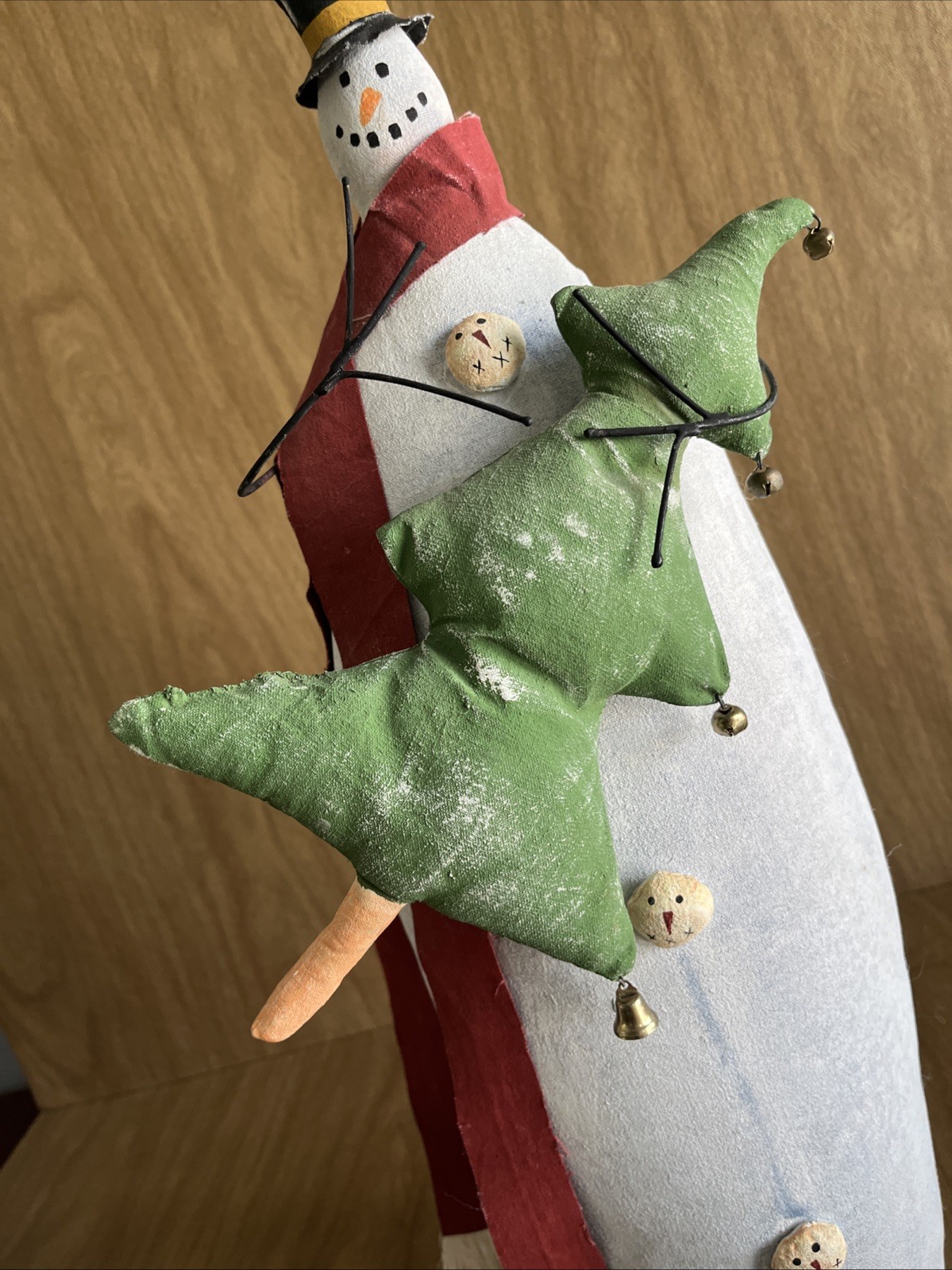 Painted Fabric Folk Art Rustic Snowman W Tree Christmas Decor Weighted 24”