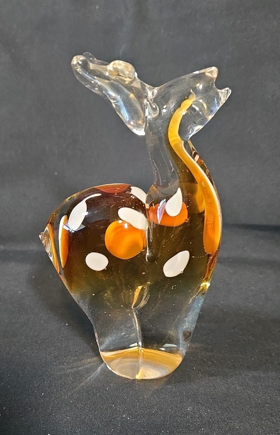 Heavy Solid Glass Deer Crystal Clear With Amber Color White Spots