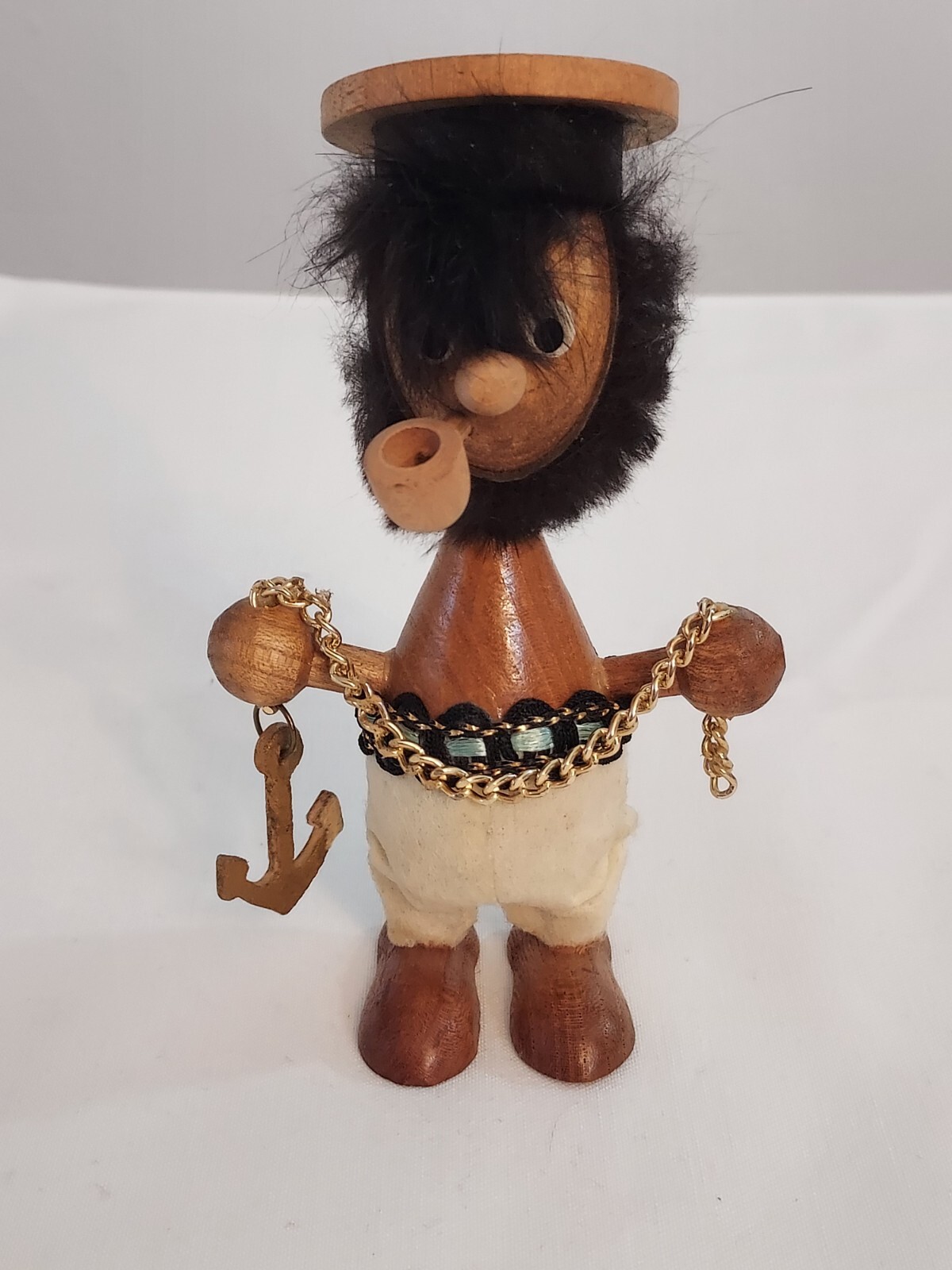 Early WOODEN Japan PIRATE SAILOR Gold Chain ANCHOR Pipe Captain Figurine SMOKER