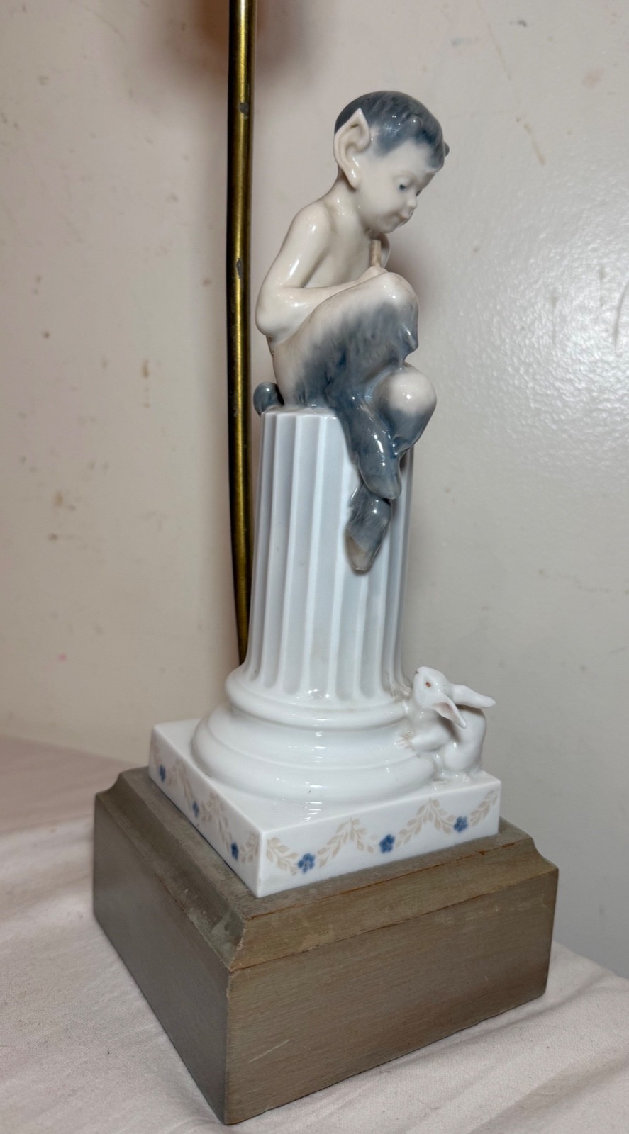 Vintage Royal Copenhagen Satyr Faun Child Perched on Column w Rabbit table lamp
