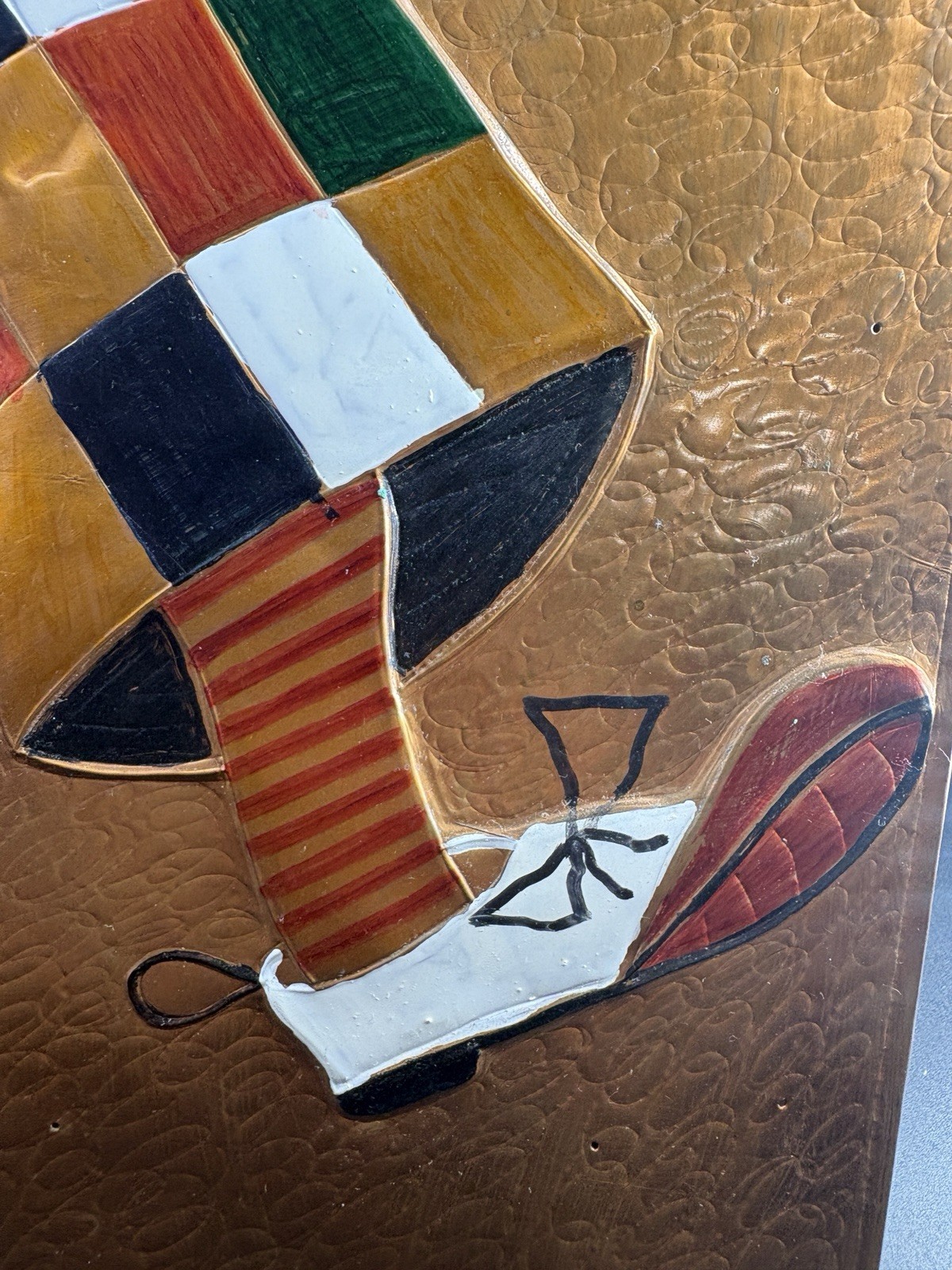 Vintage Copper On Wood Violin Clown Art Signed Chile