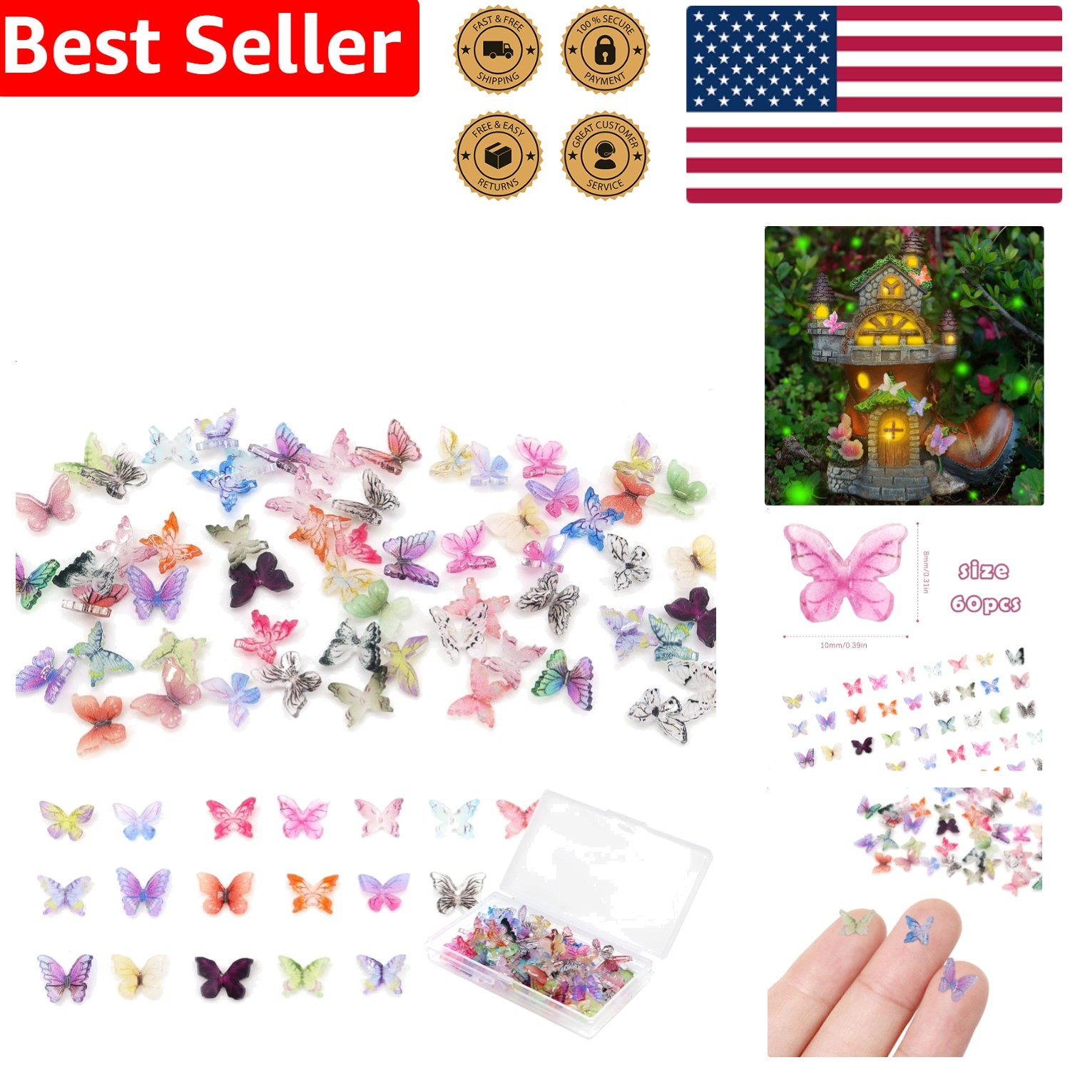 60Pcs Mini Resin Butterflies for Crafts Dollhouse Fairy Garden Micro Landscaping