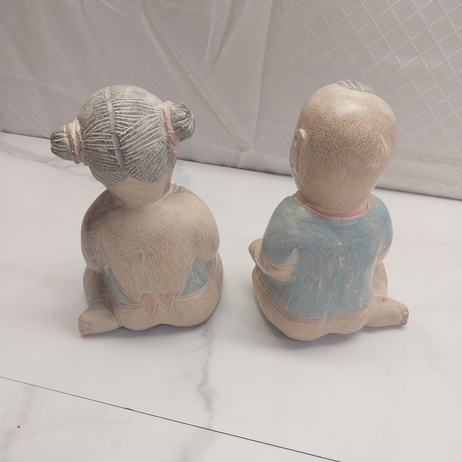 Handcarved handpainted Lucky Babies wood sculptures boy girl set of 2 Thailand