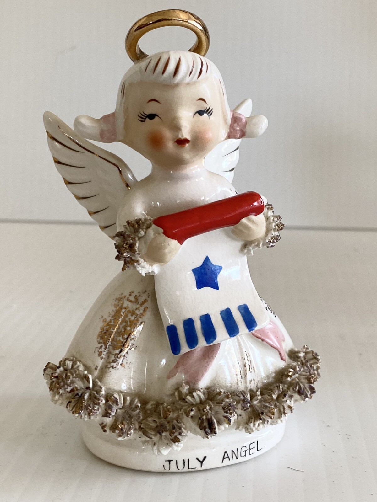 1950’s LEFTON Birth Month 4th of July Angel Figurine Stamped On Bottom Vintage