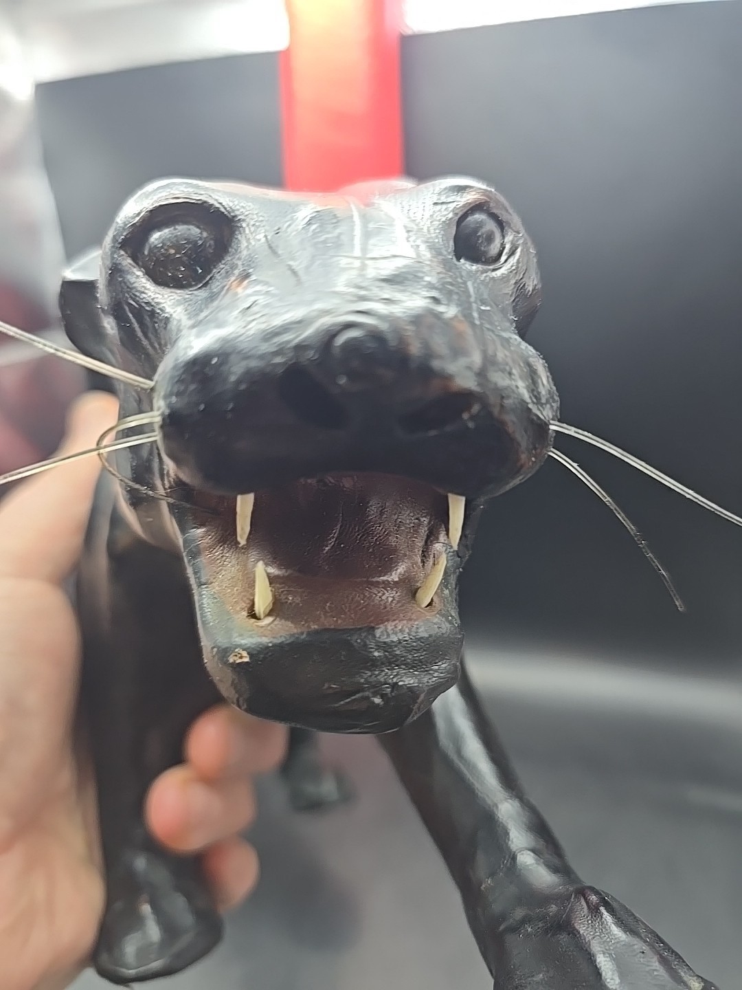Black Leather Paper mache Panther Jaguar 15″ Glass Eyes Vintage