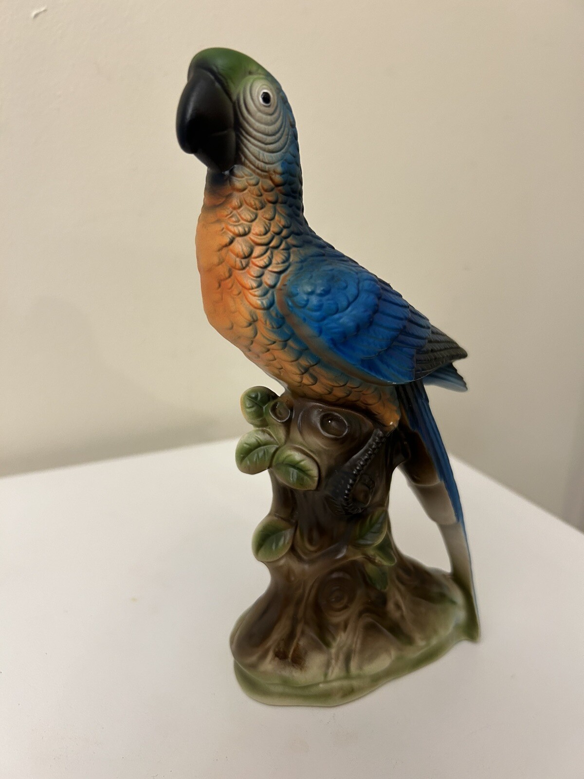 Stunning Vintage 8” Parrot Ceramic Green Blue Orange Bird Branch Figurine Japan