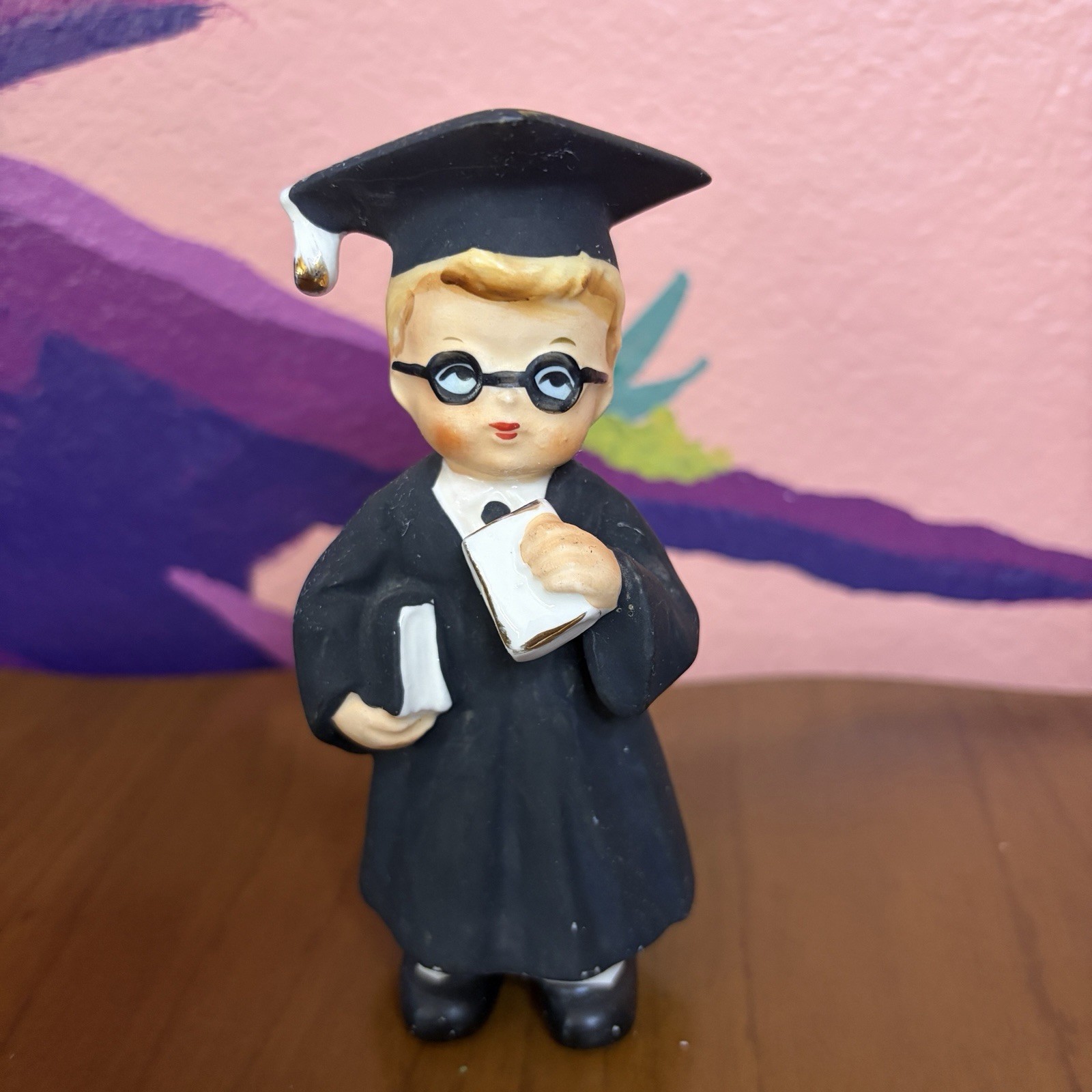 Vintage Graduate Boy w/ Glasses Ceramic Holding Books Figurine Japan