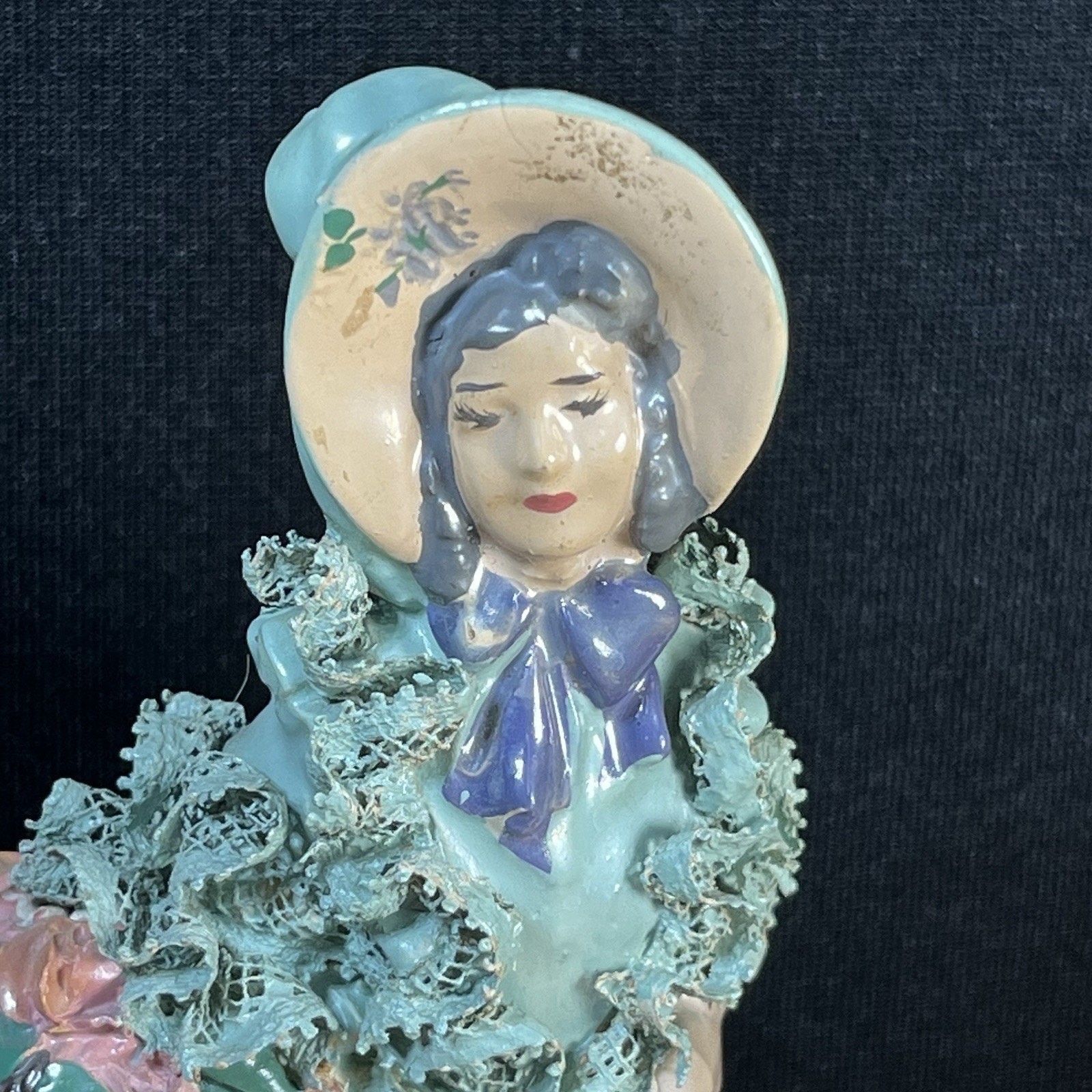 Victorian Lady Figurine Flower Basket Long Dress Hat Hand Painted Chalkware 6 in