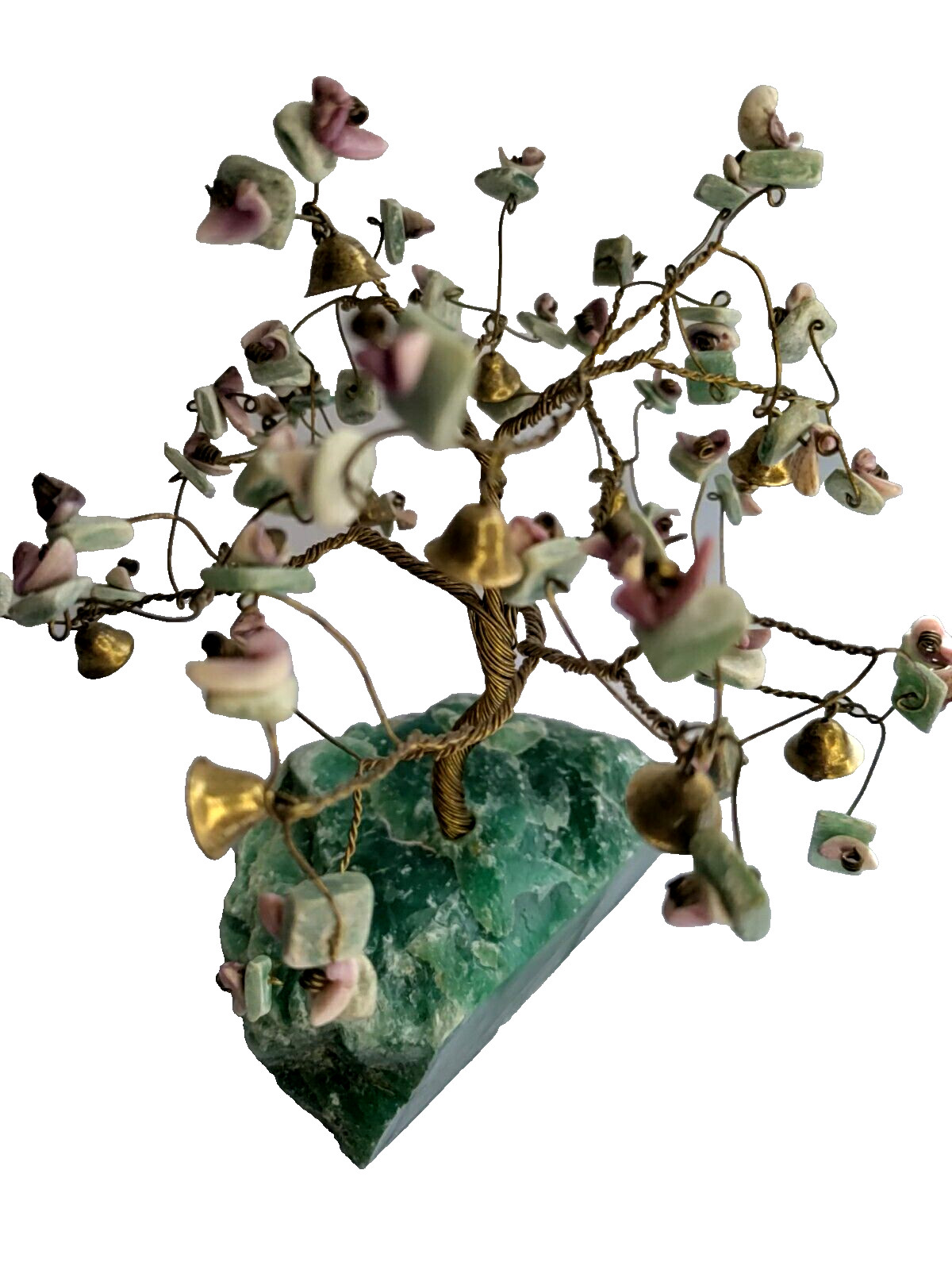 Bonsai Prosperity Tree Twisted Wire Sculpture Stone Base Bells Shell 6.5″ X 6.5″