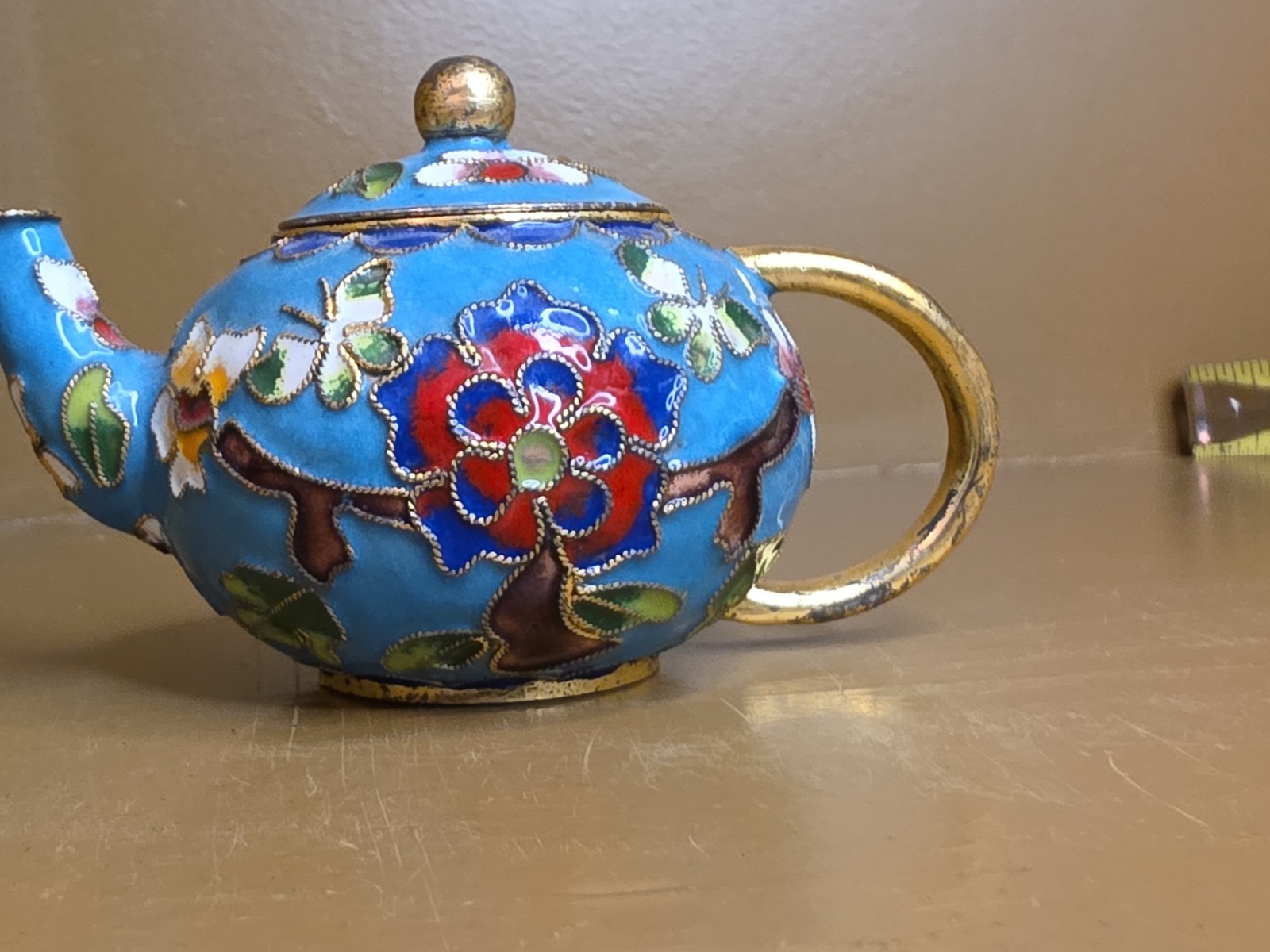 Mini Cloisonné Teapot Enamel Floral Metal Multicolor Petite Butterflies
