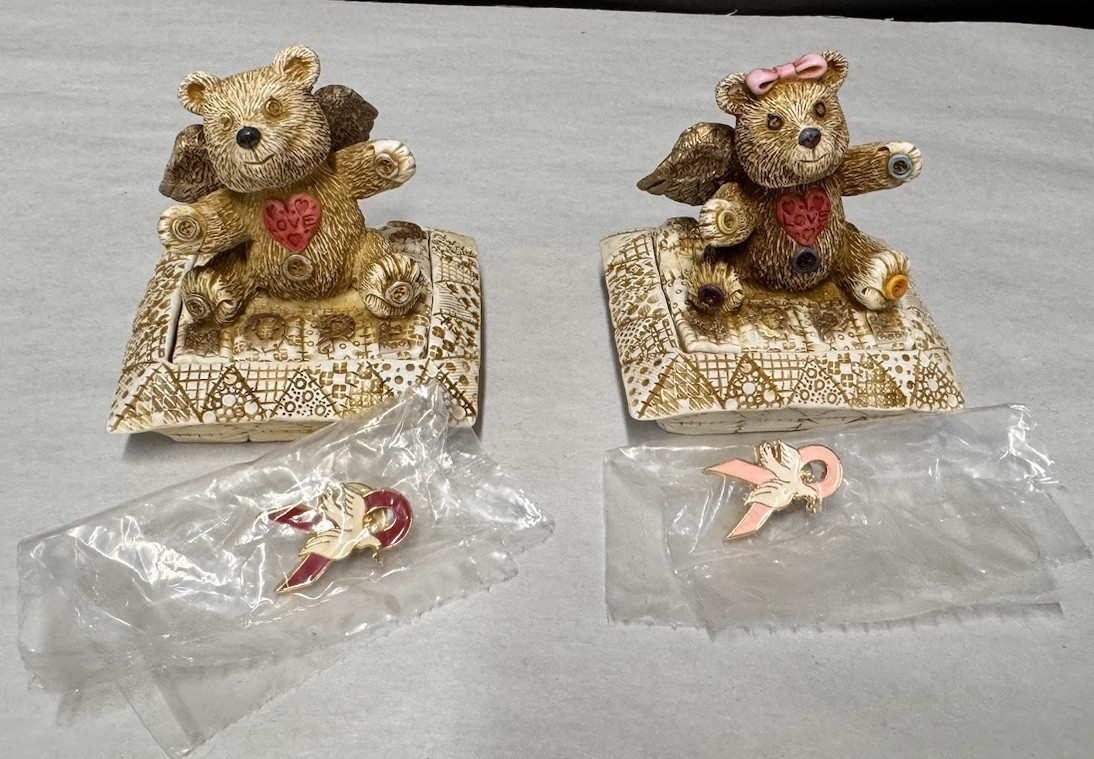 LOT OF 2 NEIL EYRE DESIGNS HOPE & CARE ANGEL BEAR FIGURINE TRINKET BOX SIGNED