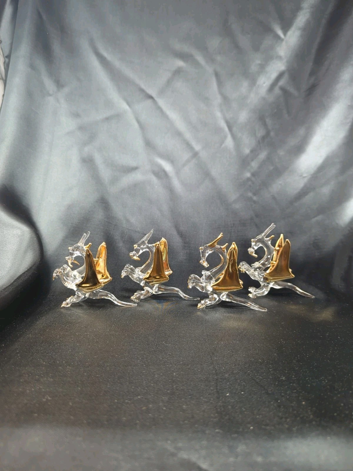 4 Clear Glass Dragon Figurines + Gold Detail Fantasy Figure Dragons Set New