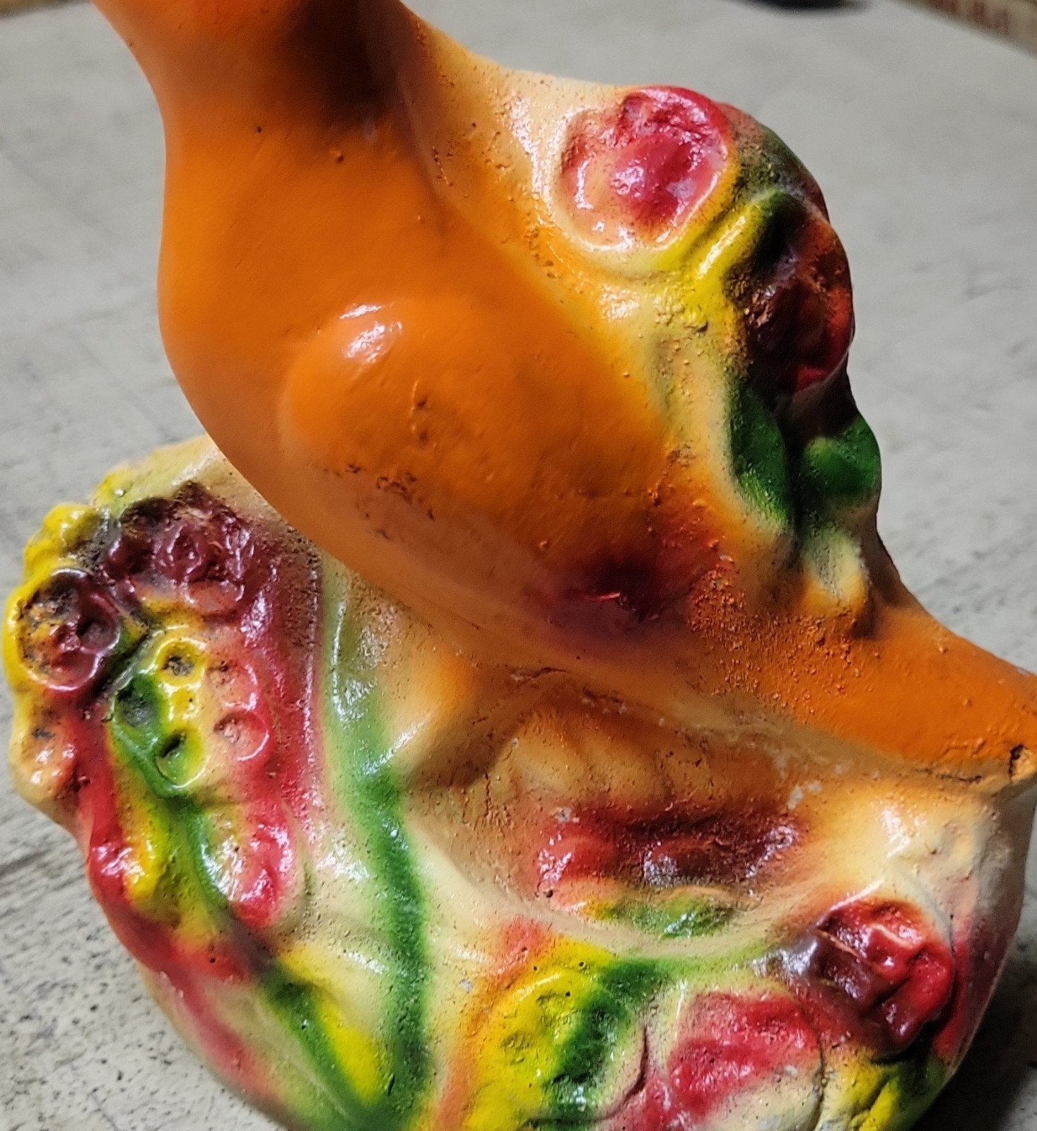 Hand Painted Bird Figurine, Plaster, Orange Red Green Yellow White, Abstract