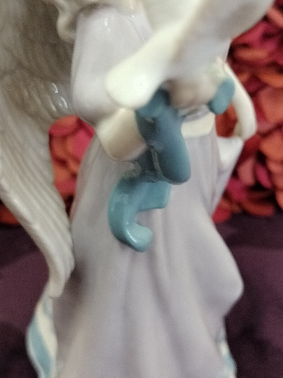 Angel W/ White Dove In Beautiful Lavender Dress. Porcelain 9-3/4 Inches Tall