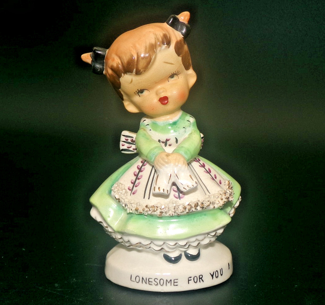 Vintage Ucagco Girl Green Dress “Lonsome for You” Valentine Figurine Japan RARE