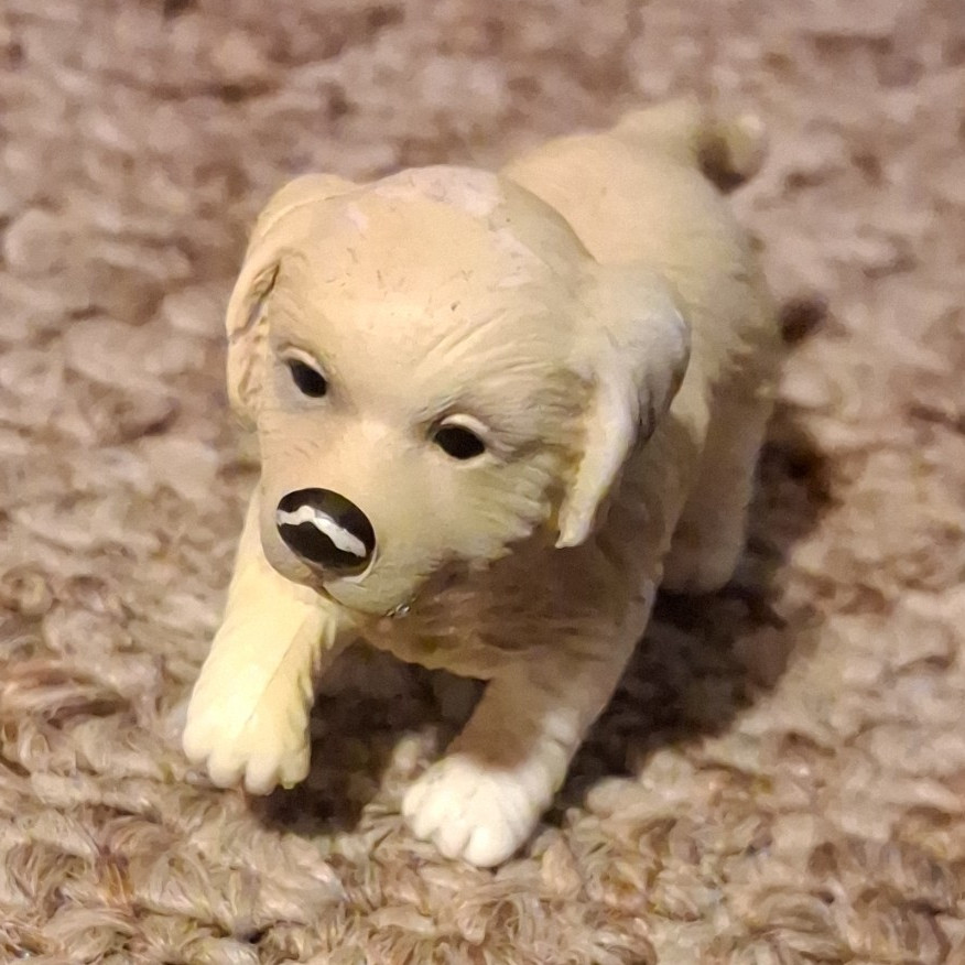 Small Plastic Puppy Dog Figurine, Painted 3D Effect, Beige/White/Black