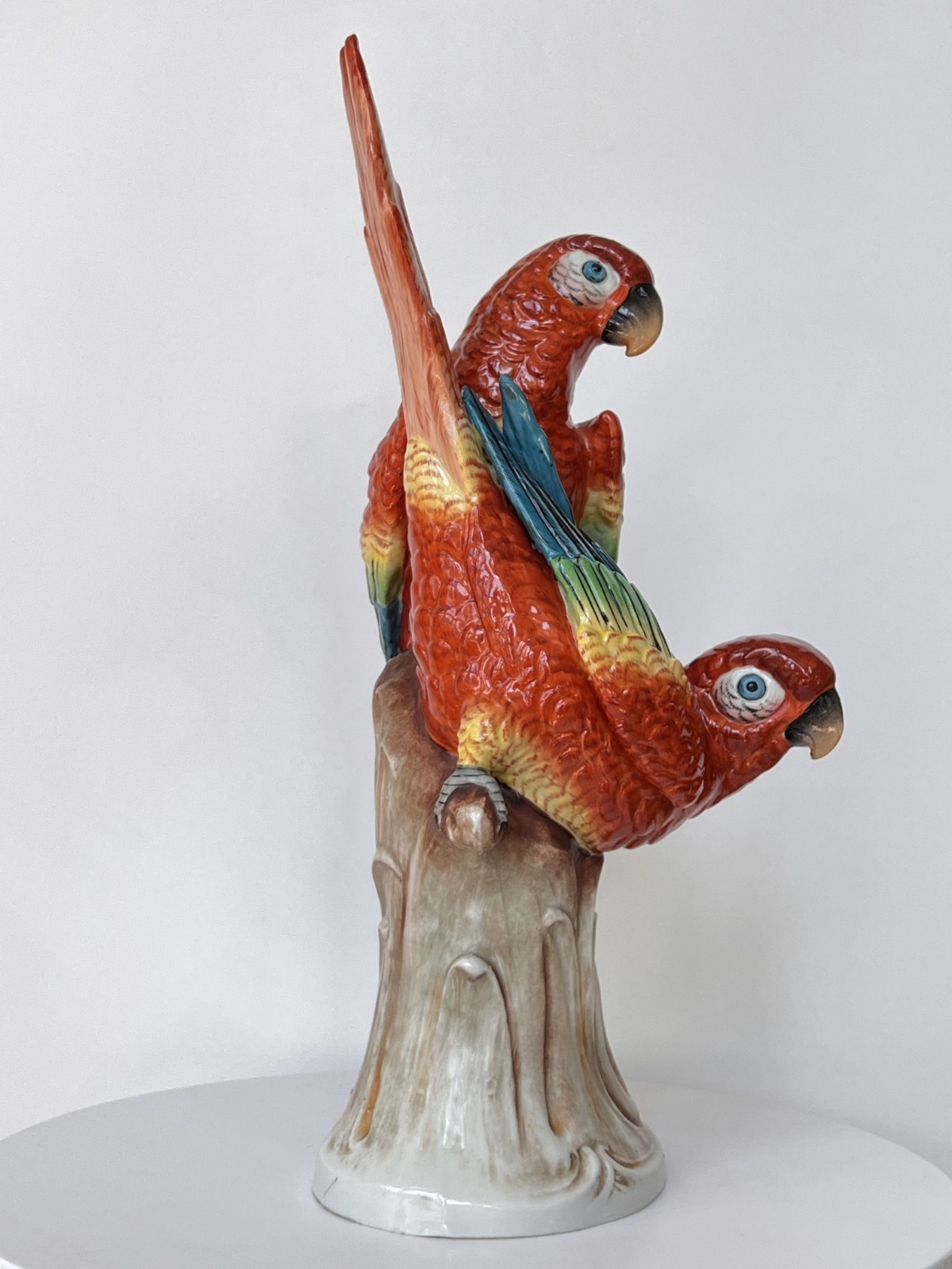 Antique Porcelain Bird Figurine Red Macaw Parrots Sinzendorf 1918 13″ High