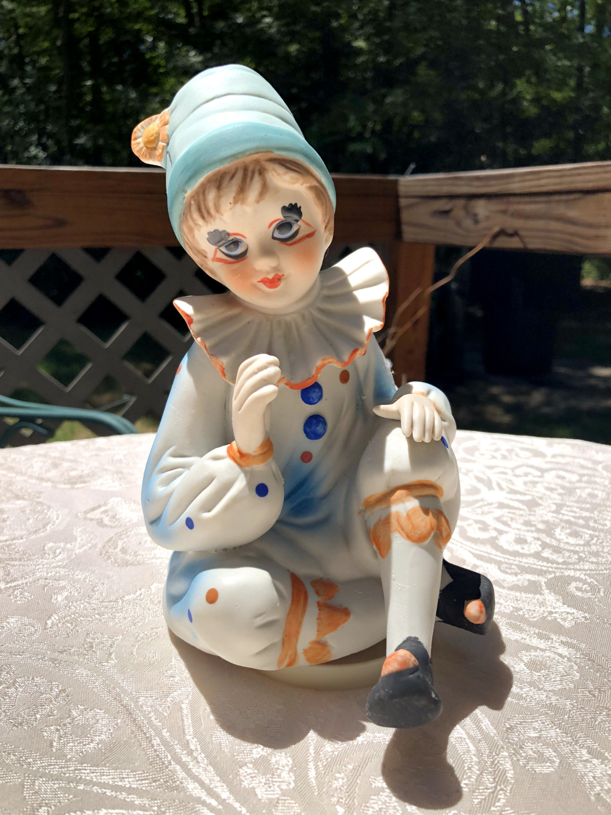 Pierrot Clown Bisque hand painted Musical rotating plays Send N The Clowns n Box