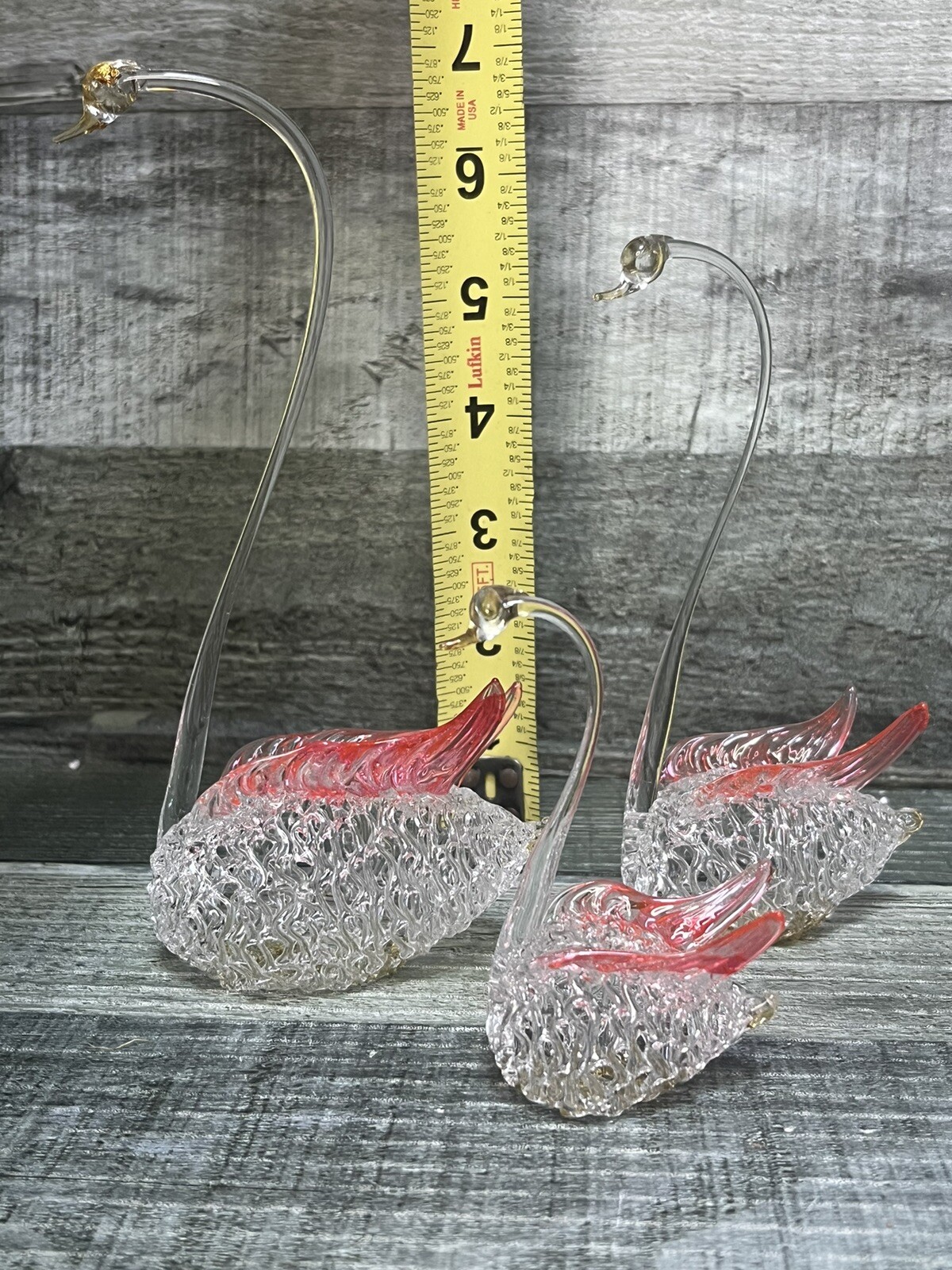 Set Of 3 Clear Blown Glass Swan Figurines With Pink Wings