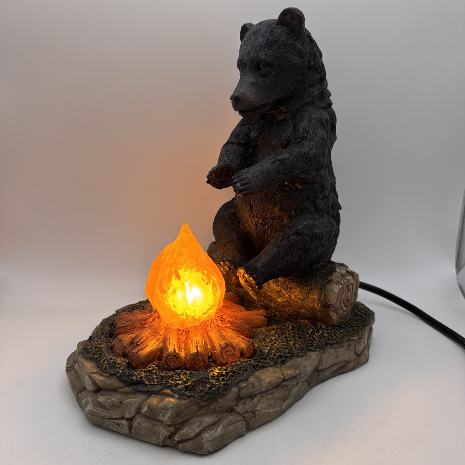 Ebros Rustic 10” Black Bear On Log Warming Paws By Campfire Night Light Statue