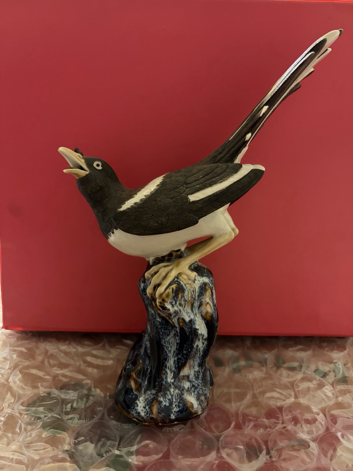 Hand Painted Ceramic Bird Figurine Matte Finish on Stump Base Black White