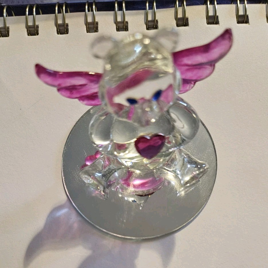 Clear Glass Bear Angel Figurine Pink Wings Heart Crystals Mirror Base